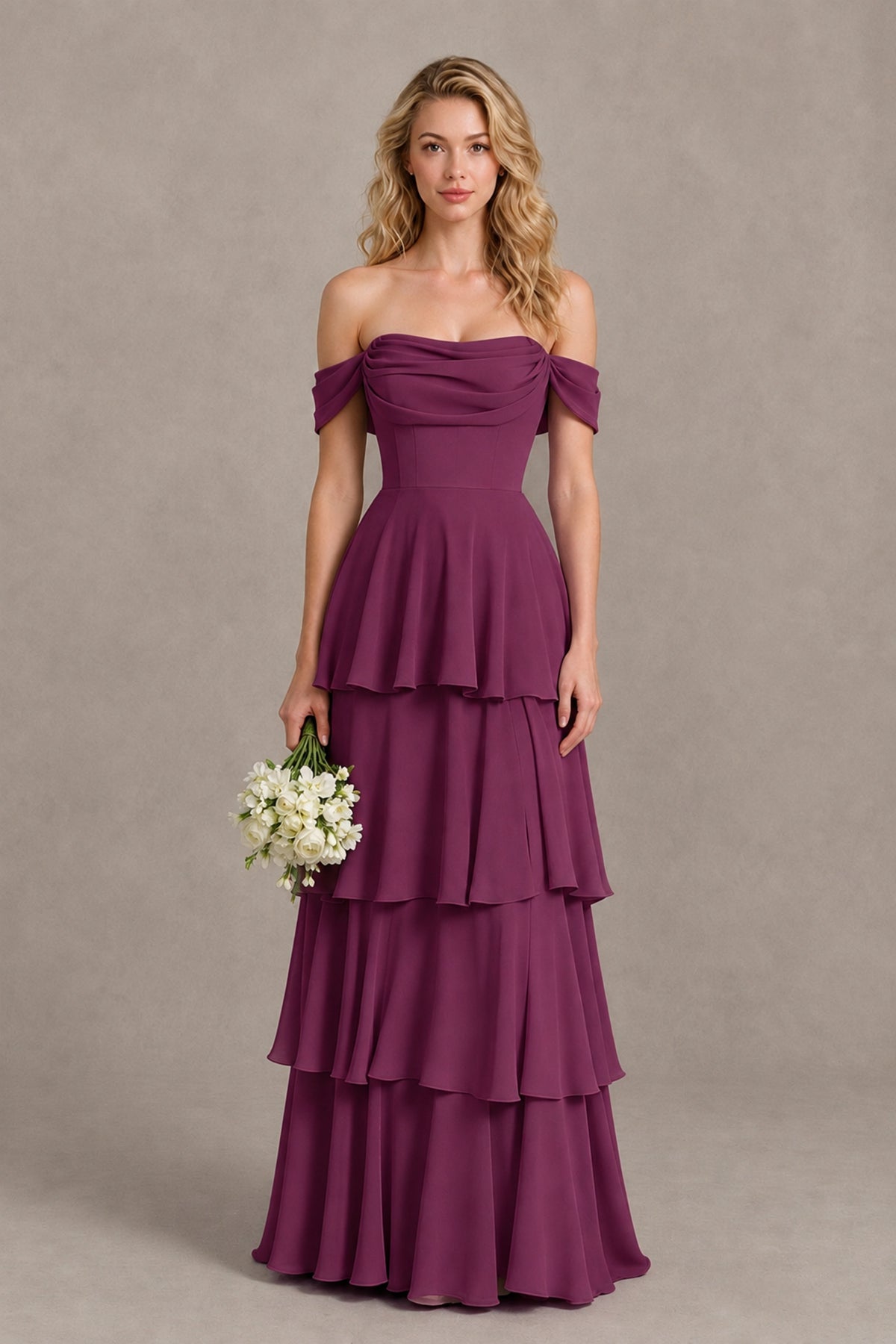 BOLODOO Plum Off-the-Shoulder Tiered A-Line Evening Bridesmaid Dress - Plum - Plum_1