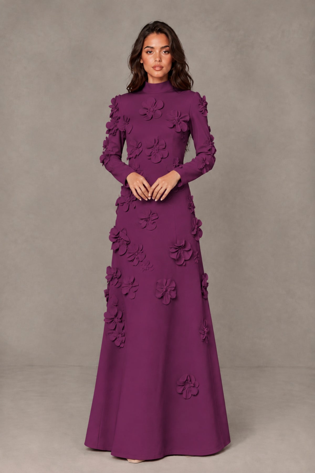 BOLODOO Plum High Neck Long Sleeve 3D Floral Evening Gown - Plum