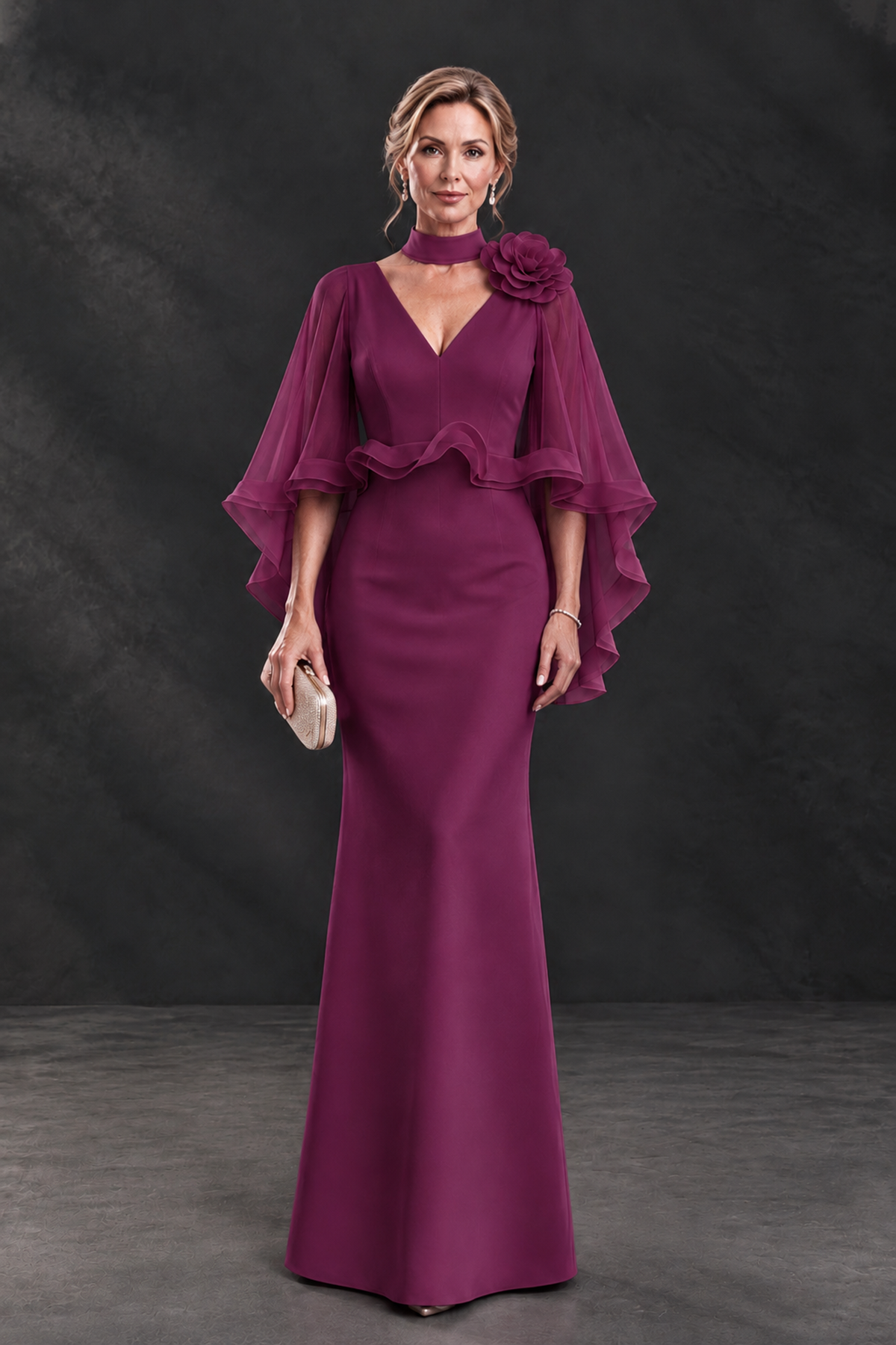 BOLODOO Plum Floral Cape Sleeve Mother of the Bride Dress - Plum - Plum_1