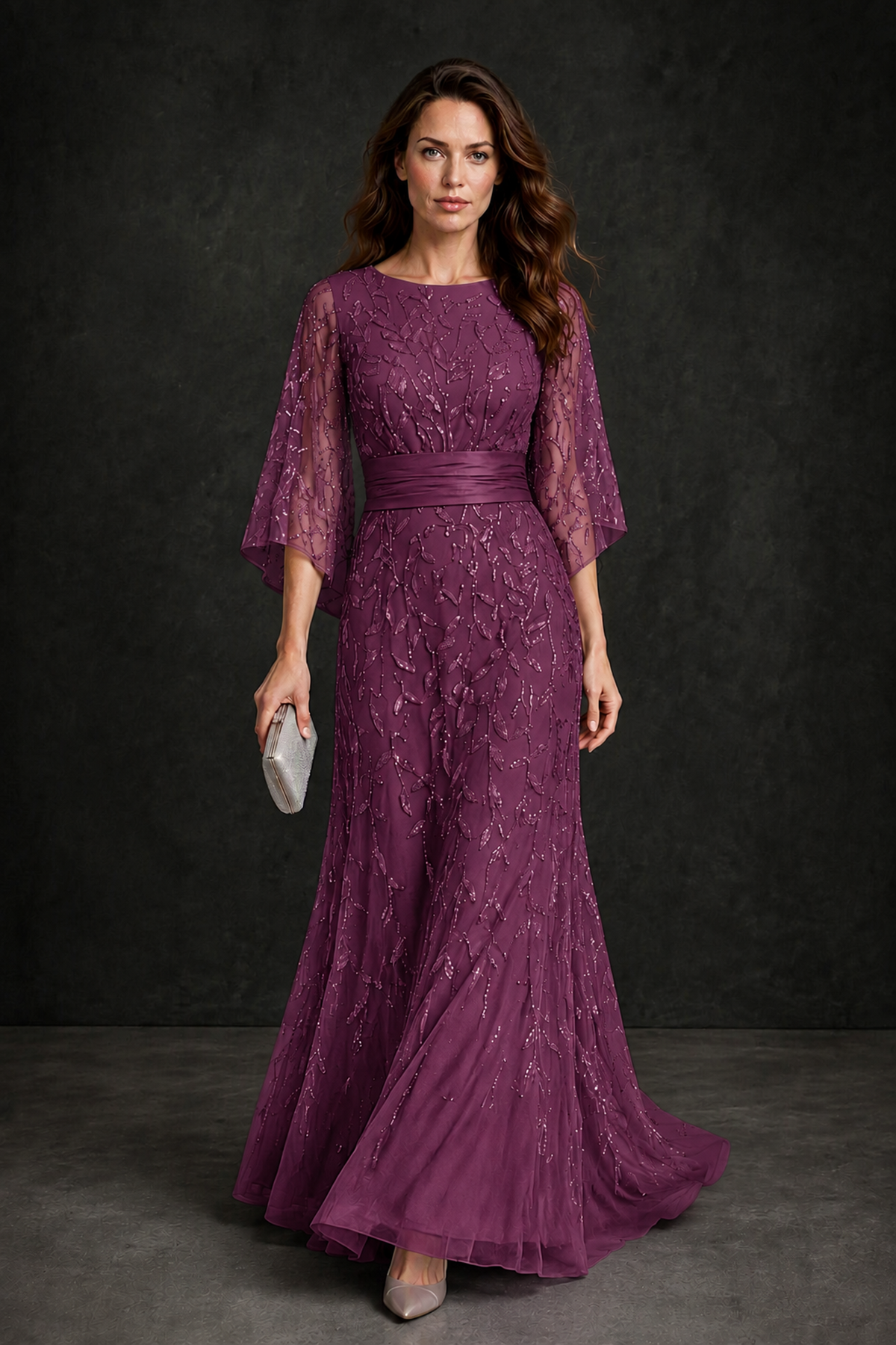 BOLODOO Plum Bateau Neck Bell Sleeve Sequin Embroidered Satin Waist A-Line Maxi Dress - Plum - Plum_1
