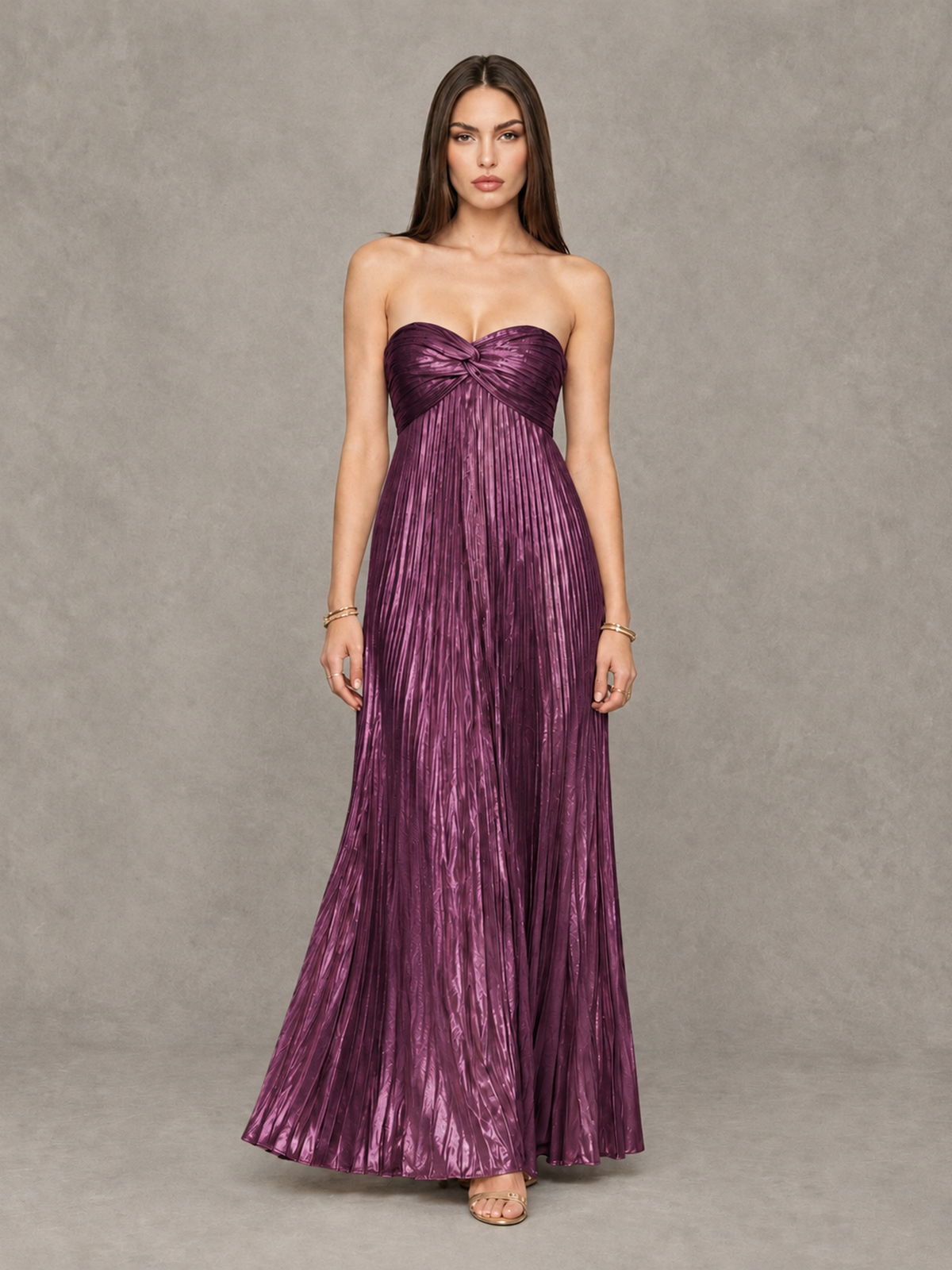 BOLODOO Plum Strapless Sweetheart Metallic Pleated Maxi Dress - Plum - Plum_1