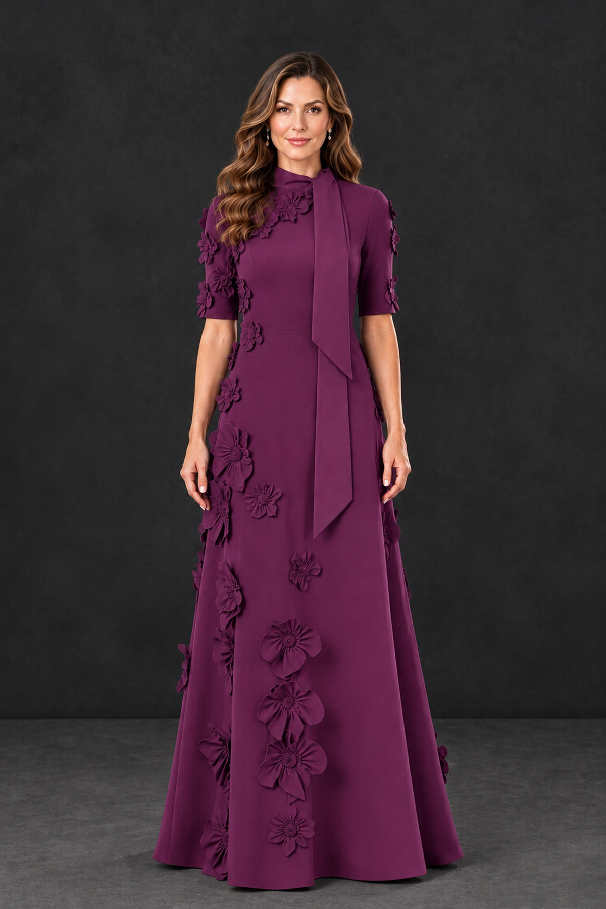 BOLODOO Plum Floral Applique High-Neck Half-Sleeve Gown - Plum - Plum_1