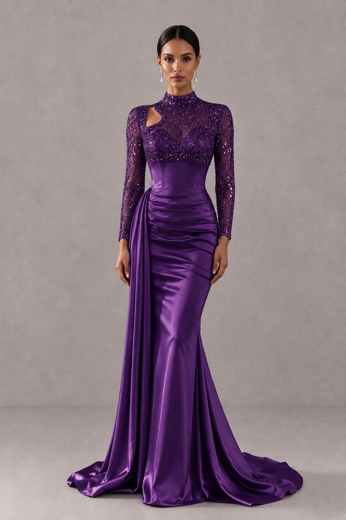 BOLODOO Plum Long Sleeve Embellished Satin Mermaid Evening Gown - Plum - Plum_1
