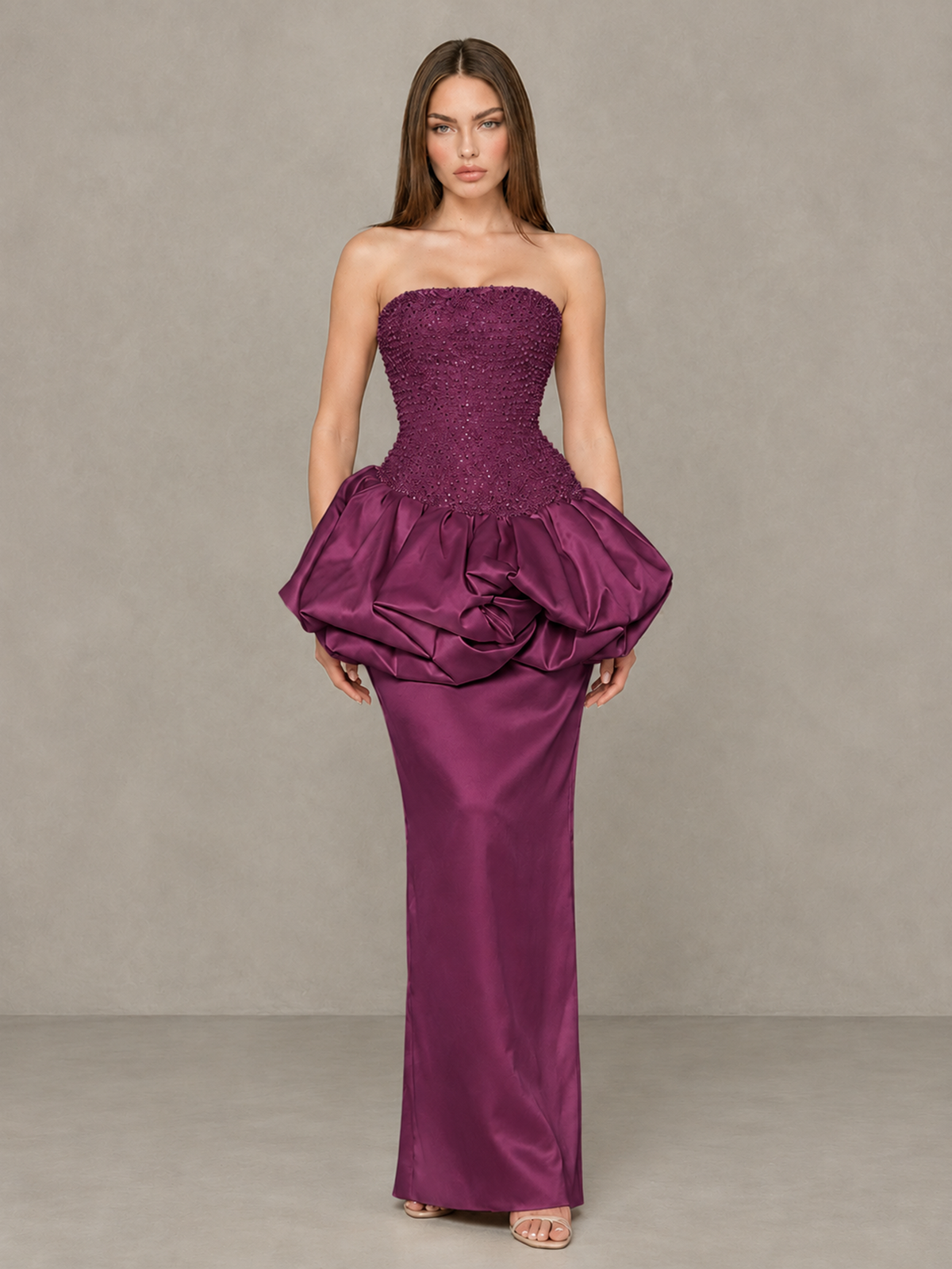 BOLODOO Plum Strapless Embellished Bubble Peplum Evening Dress - Plum - Plum_1