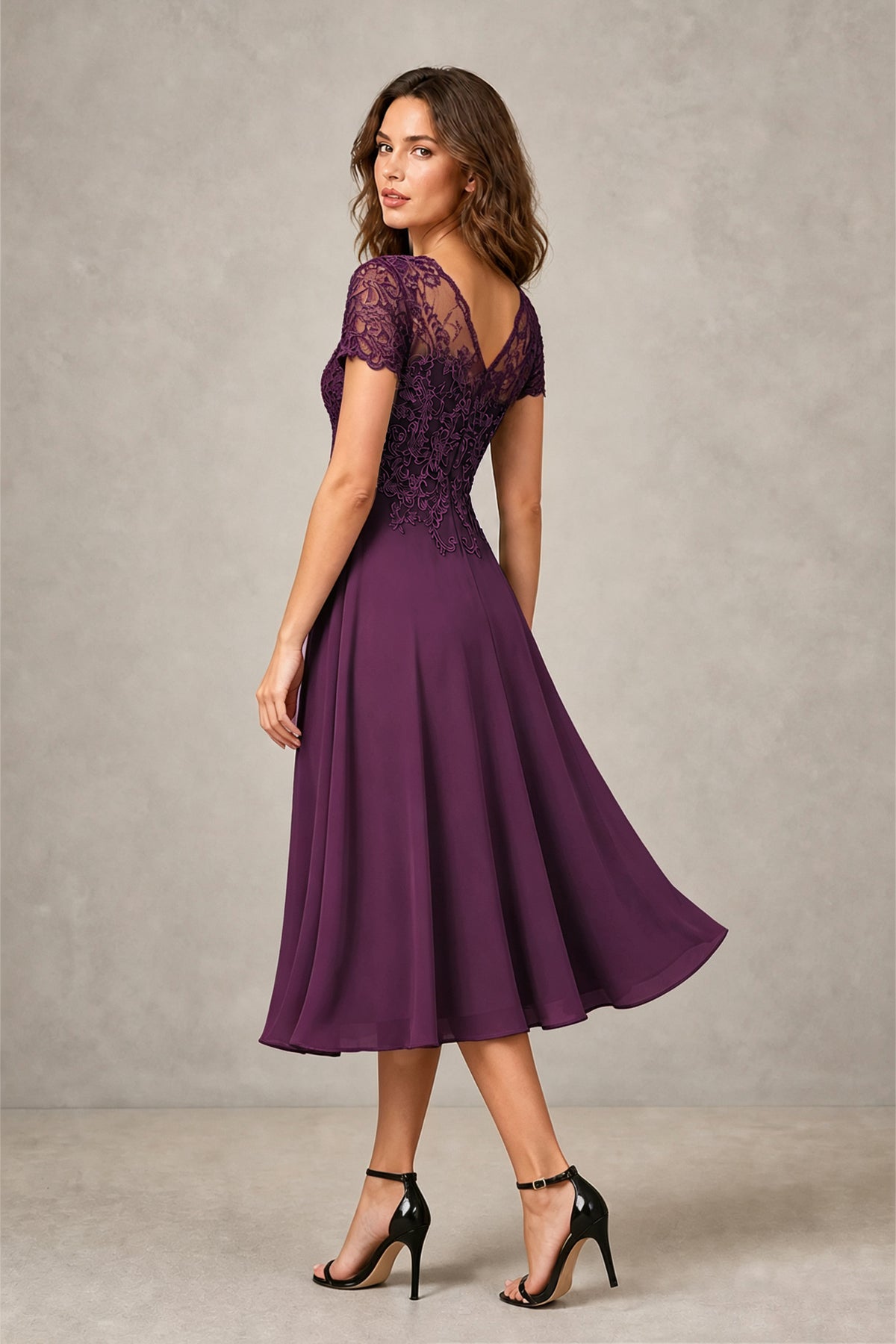 BOLODOO Steel Plum Beaded Lace Illusion Bodice Chiffon Tea-Length Dress | Mother of the Bride & Cocktail Party - Plum