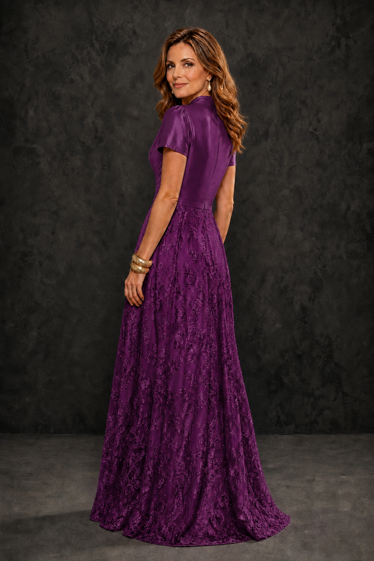 BOLODOO Plum Satin Wrap V-Neck Short Sleeve Lace Glitter A-Line Floor Length Evening Gown – Formal Dress - Plum