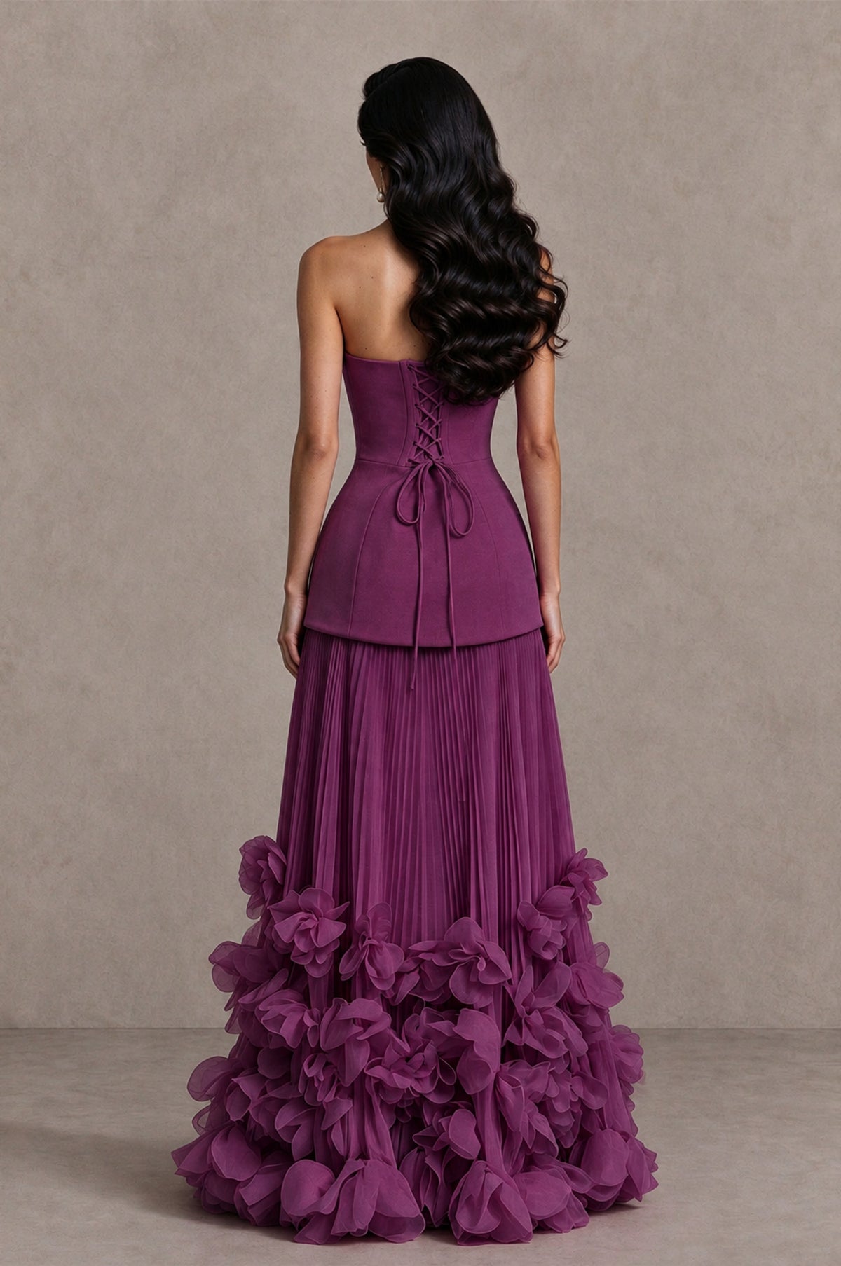 BOLODOO Plum Strapless Pleated Floral Hem Evening Gown - Plum - Plum_2