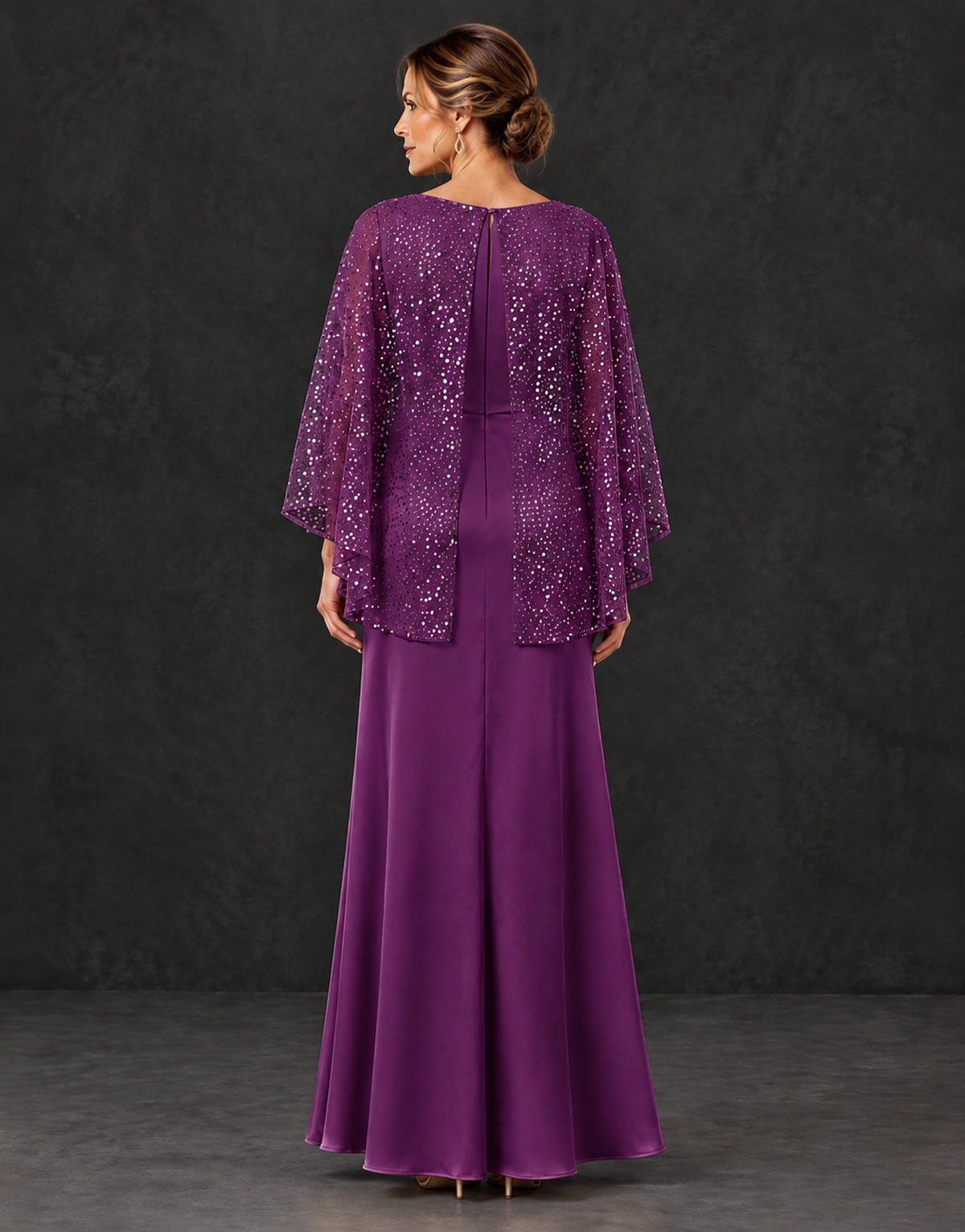 BOLODOO Plum Sparkle Cape Sleeve Mother of the Bride Dress - Plum - Plum_2