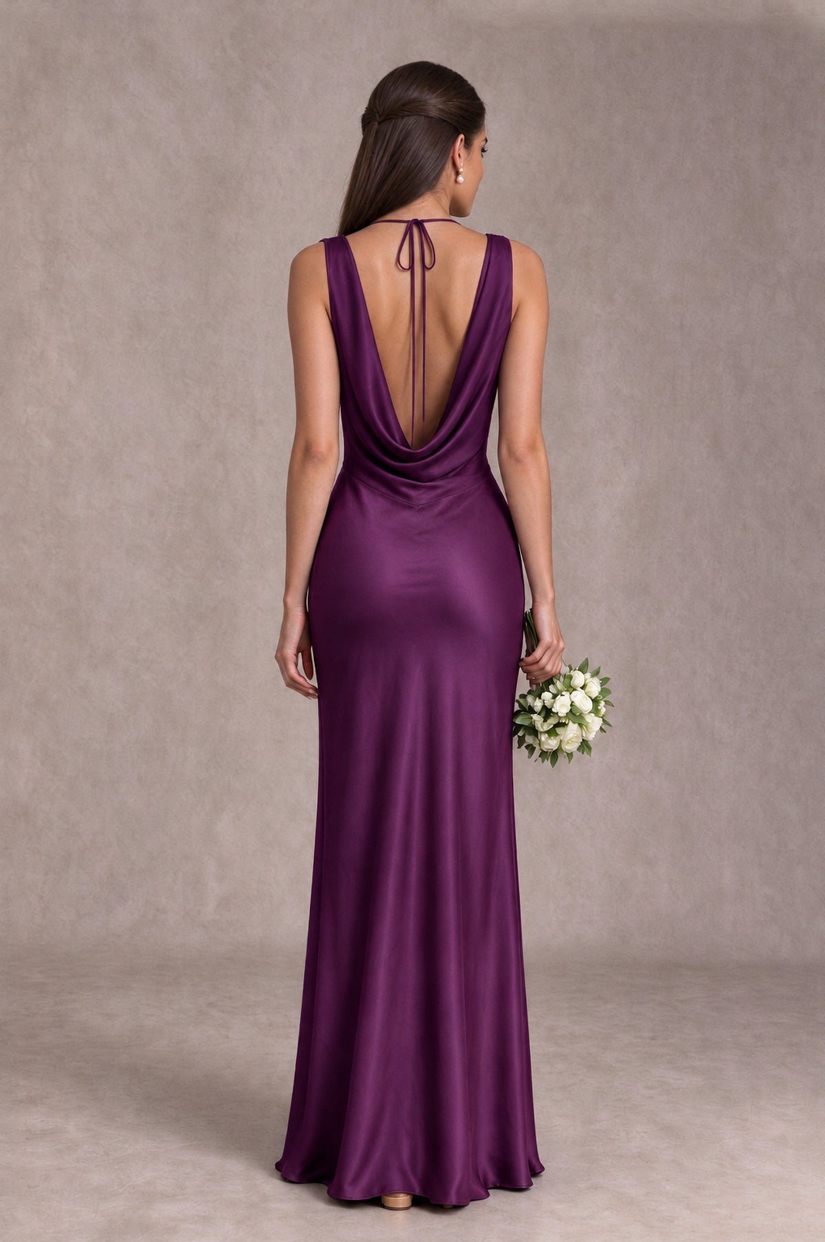 BOLODOO Plum Cowl Neck Open Back Satin Bridesmaid Dress - Plum - Plum_2