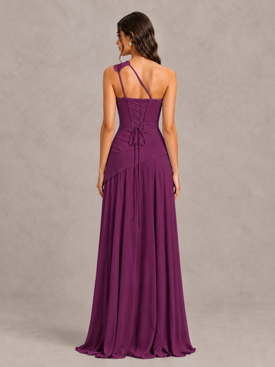 BOLODOO Plum One-Shoulder Lace-Up Back Bridesmaid Dress - Plum - Plum_2
