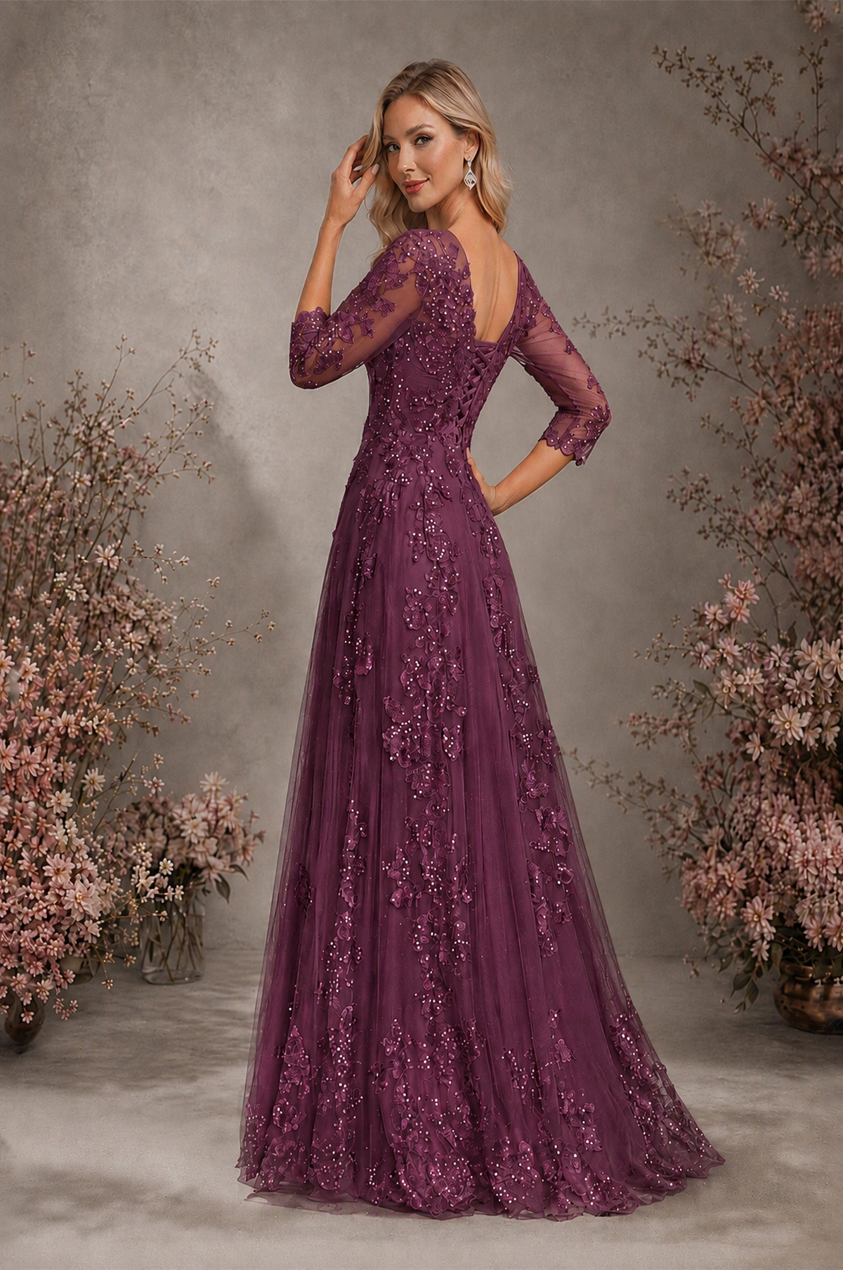 BOLODOO Plum Sequin Lace 3/4 Sleeve Open Back Formal Evening Gown - Plum