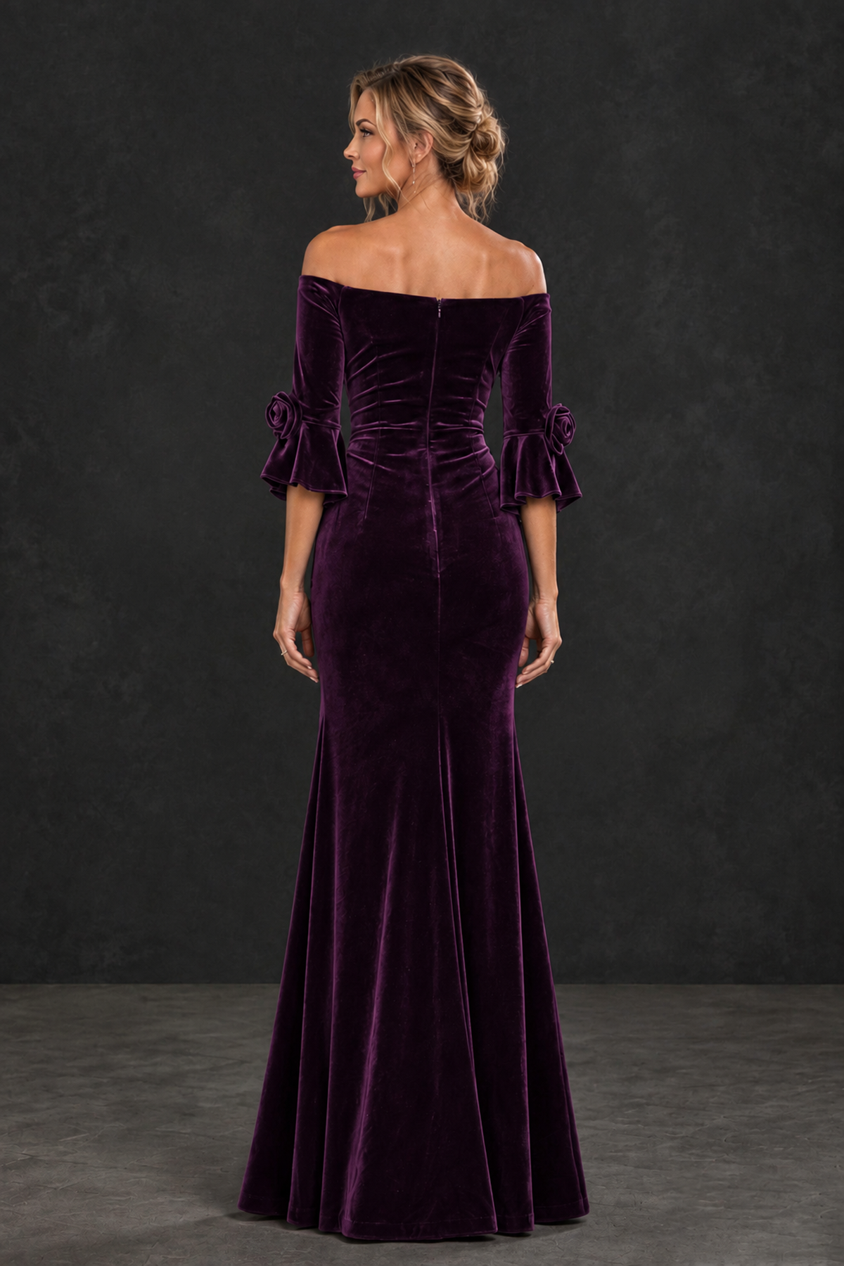 BOLODOO Plum Velvet Off-Shoulder Mother of the Bride Dress – 3/4 Floral Cuff Sleeve Mermaid Evening Gown - Plum - Plum_2