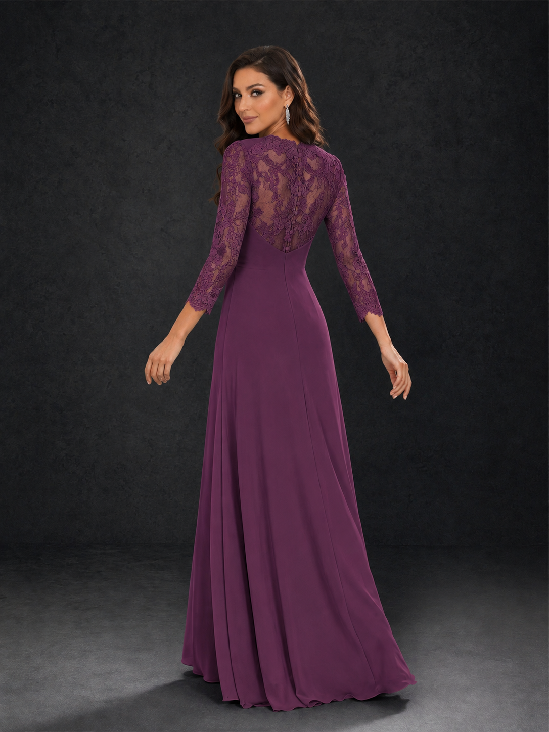 BOLODOO Plum Lace Sleeve V-Neck Floral Waist Chiffon A-Line Maxi Dress - Plum
