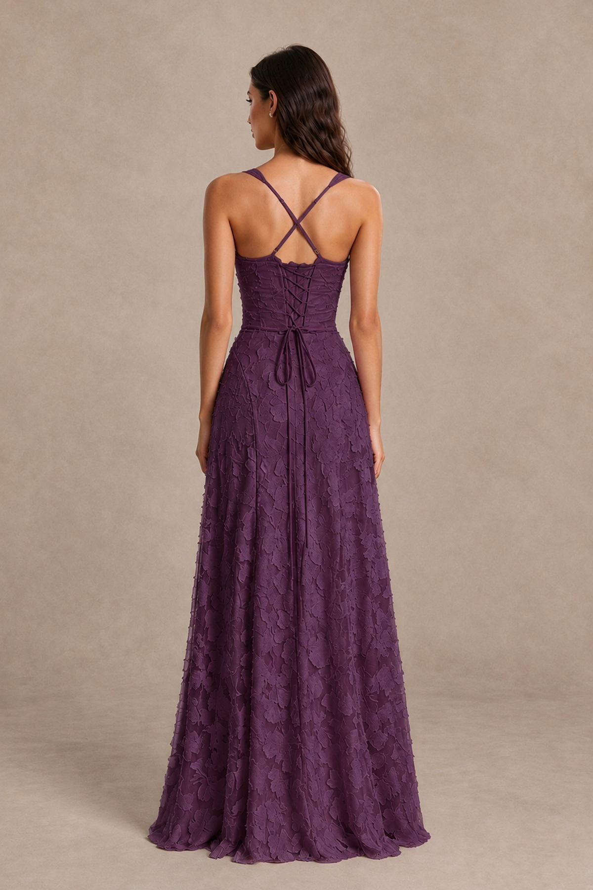 BOLODOO Plum Floral-Textured A-Line Dress with Lace-Up Back - Plum - Plum_2