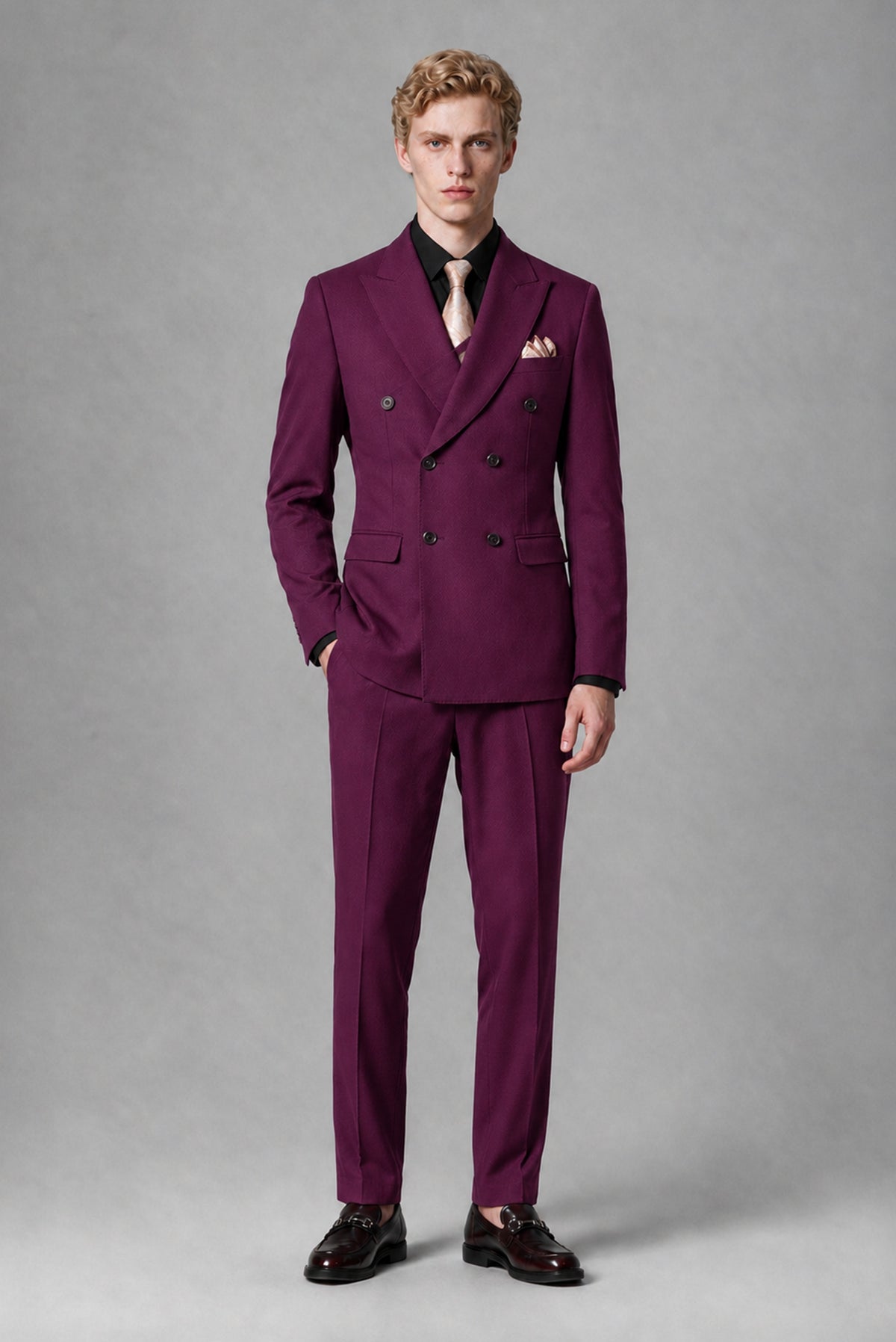 BOLODOO Men's Plum Double-Breasted Two-Piece Suit – Jacket & Trousers - Plum