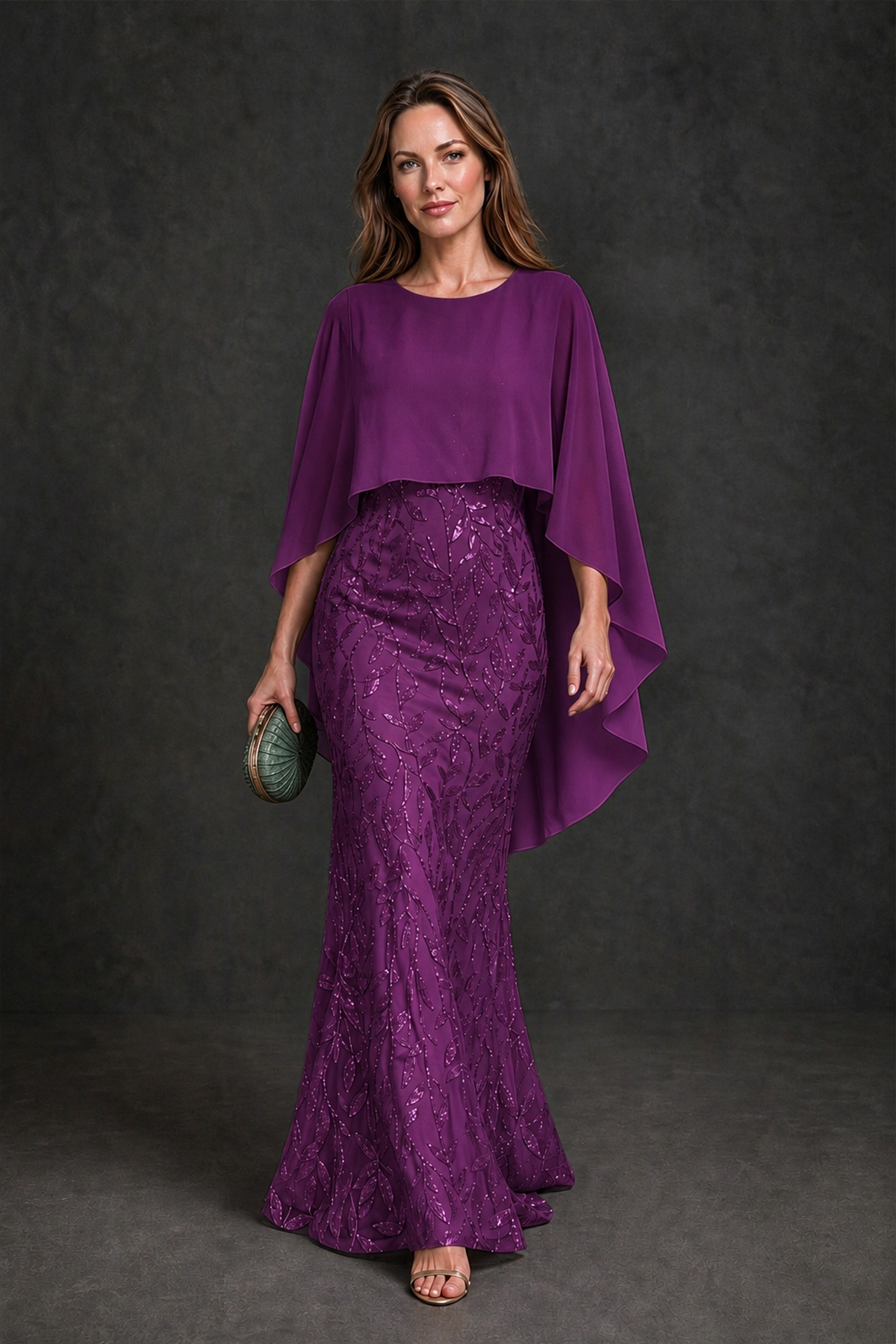 BOLODOO Plum Round Neck Chiffon Cape Overlay Sequin Lace Mermaid Maxi Dress - Plum - Plum_2