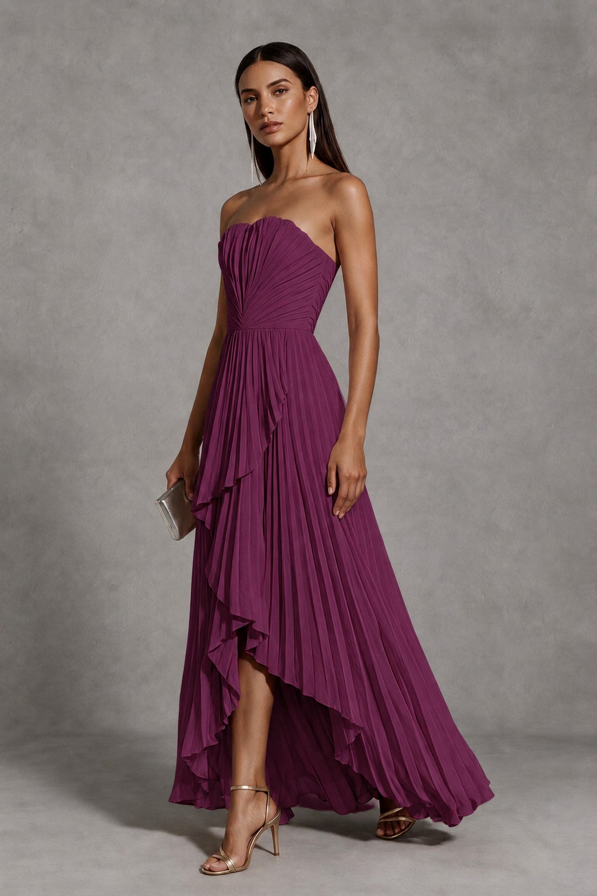 Plum Strapless Pleated High-Low Evening Gown with Ruffle Hem - Plum