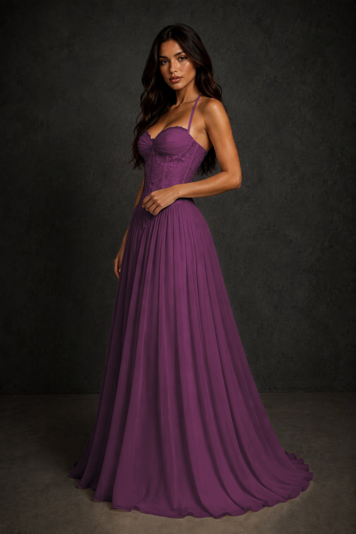 BOLODOO Plum Lace Corset Halter Maxi Gown – Backless A-Line Formal Dress - Plum