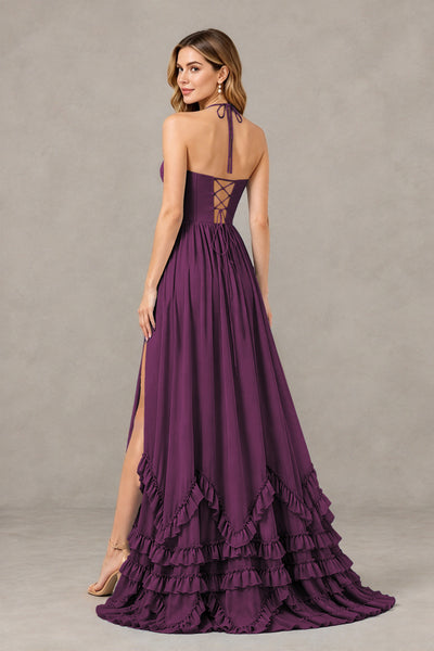 BOLODOO Plum Halter Ruffle Hem A-Line Bridesmaid Dress with High Slit - Plum - Plum(2)