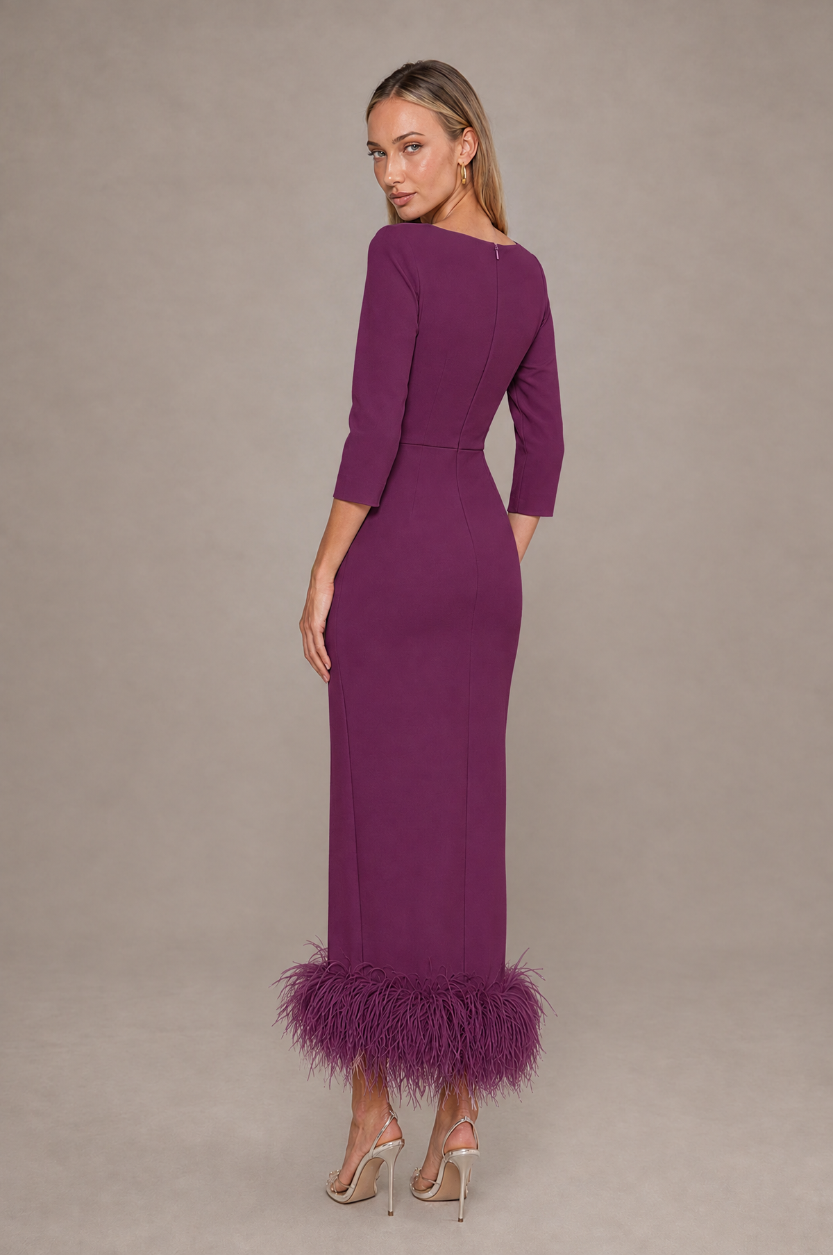 BOLODOO Plum Feather-Trim Twist-Waist Midi Dress - Plum - Plum_2