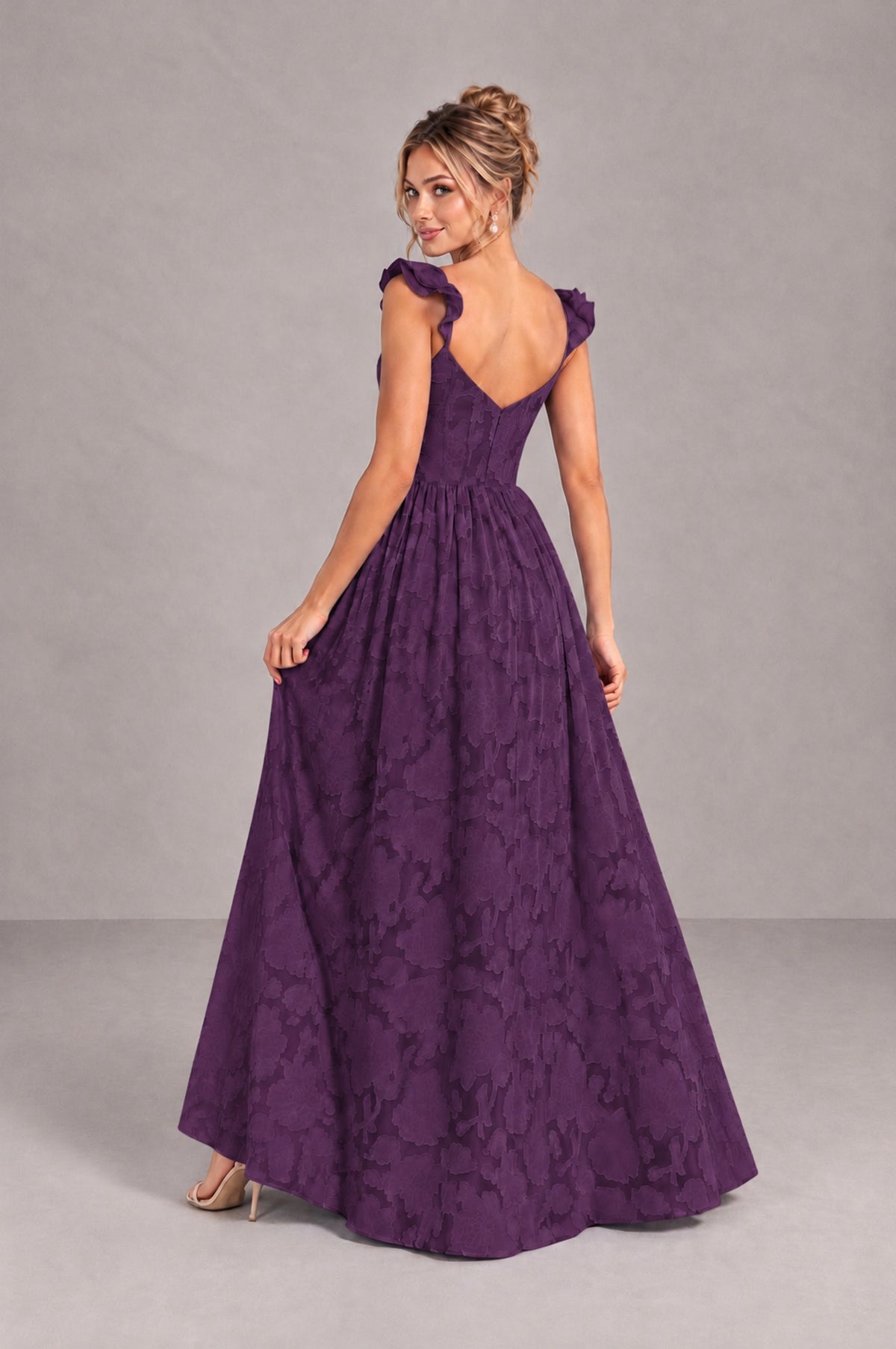 BOLODOO Plum Floral A-Line Bridesmaid Dress with Slit Ruffle Straps Maxi Gown - Plum - Plum_2