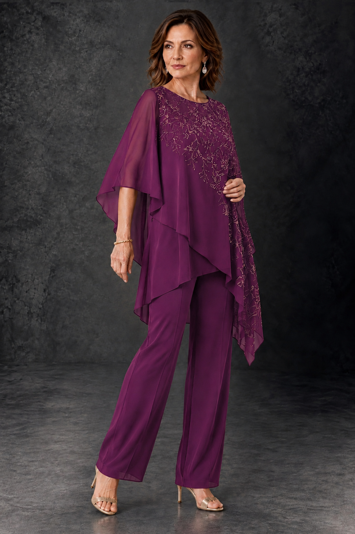 BOLODOO Plum Embellished Cape Pant Suit for Mother of the Bride - Plum - Plum_2