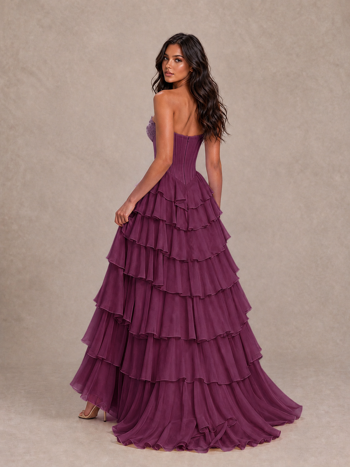 BOLODOO Plum Strapless Corset Tiered Ruffle Prom Dress with High Slit - Plum - Plum_2