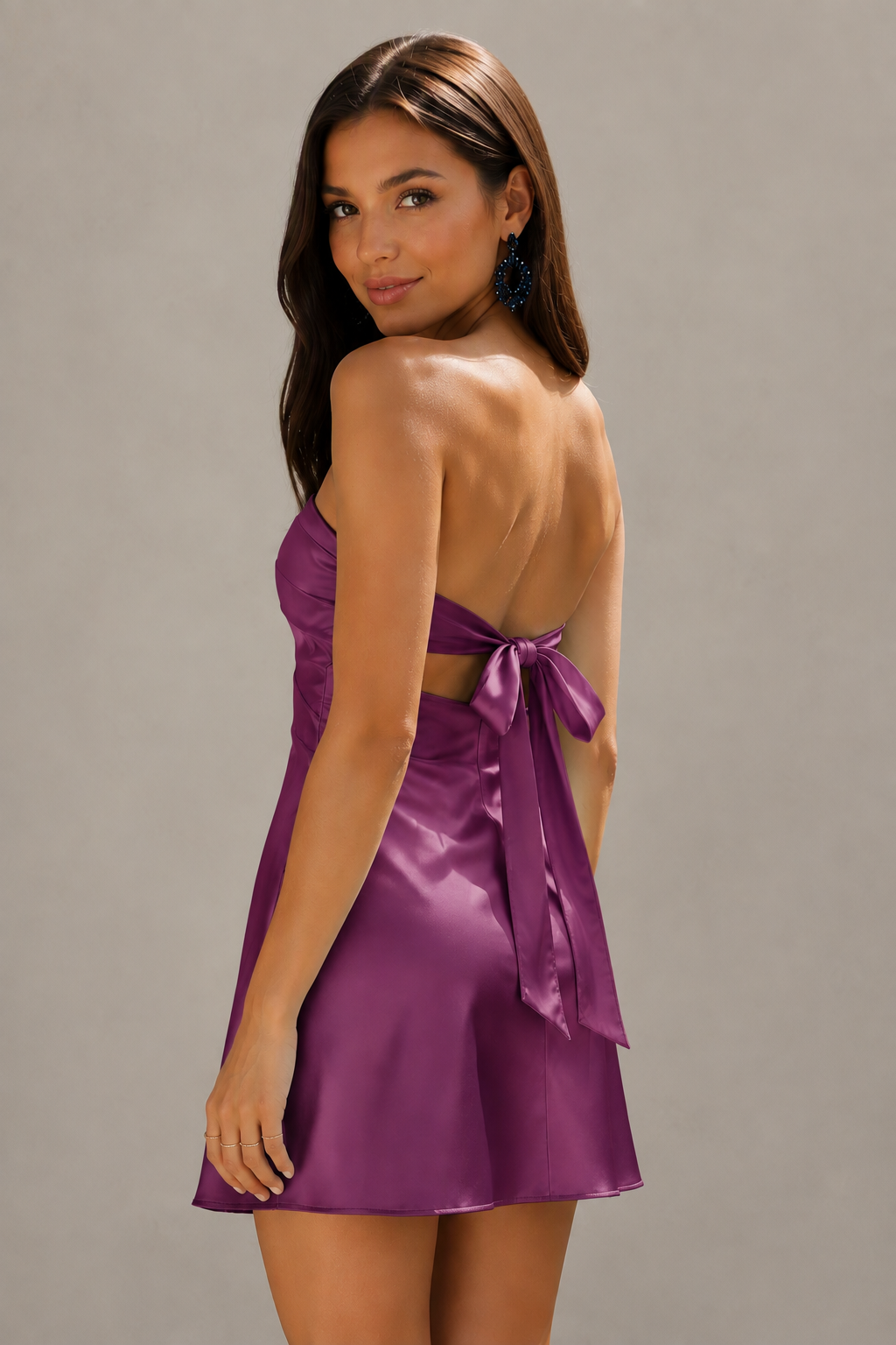 BOLODOO Mint Plum Satin Strapless Twist Cutout Mini Dress with Bow-Tie Open Back - Plum