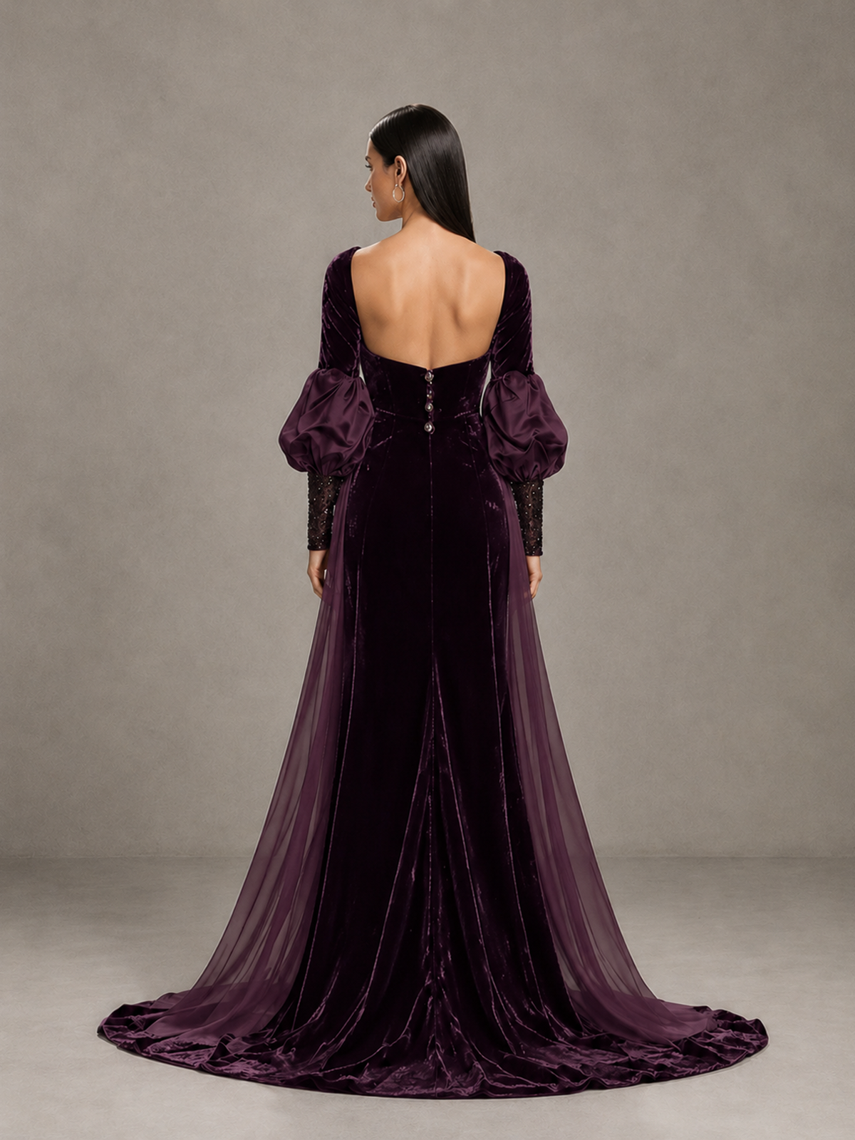 BOLODOO Plum Velvet Long Sleeve Open-Back Evening Gown - Plum - Plum_2
