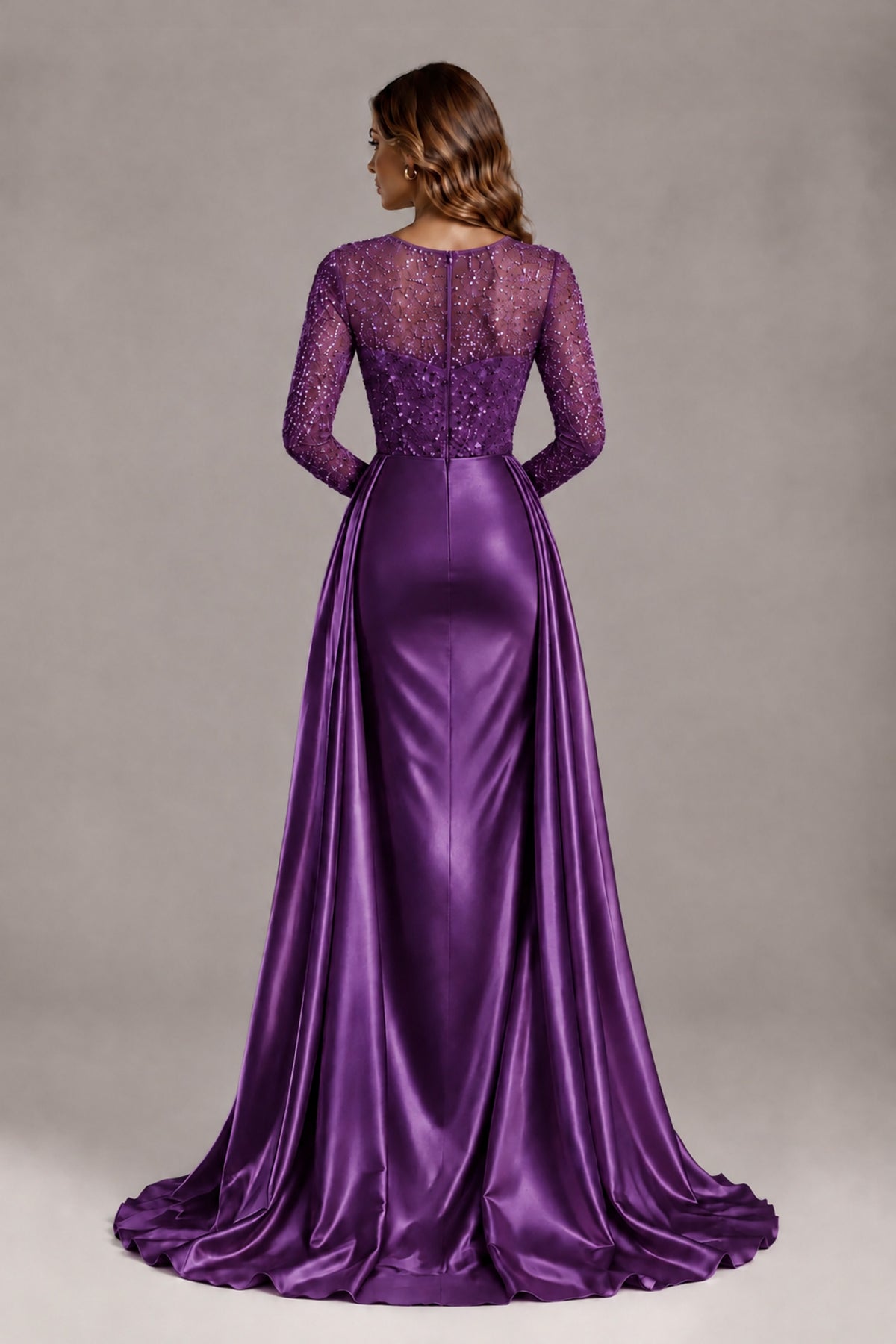 BOLODOO Plum Long Sleeve Embellished Satin Evening Gown with Sweep Train - Plum - Plum_2