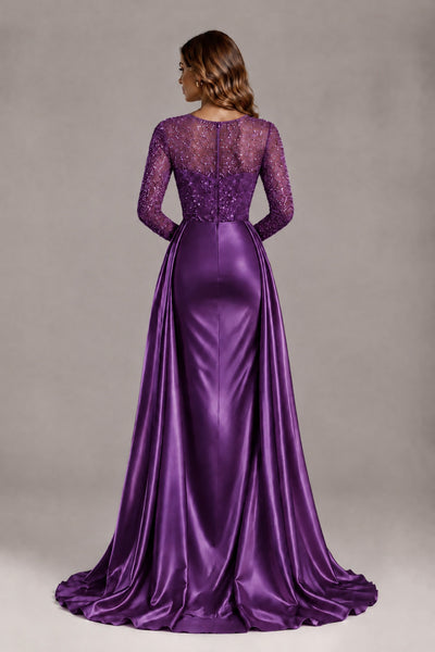 BOLODOO Plum Long Sleeve Embellished Satin Evening Gown with Sweep Train - Plum - Plum_2