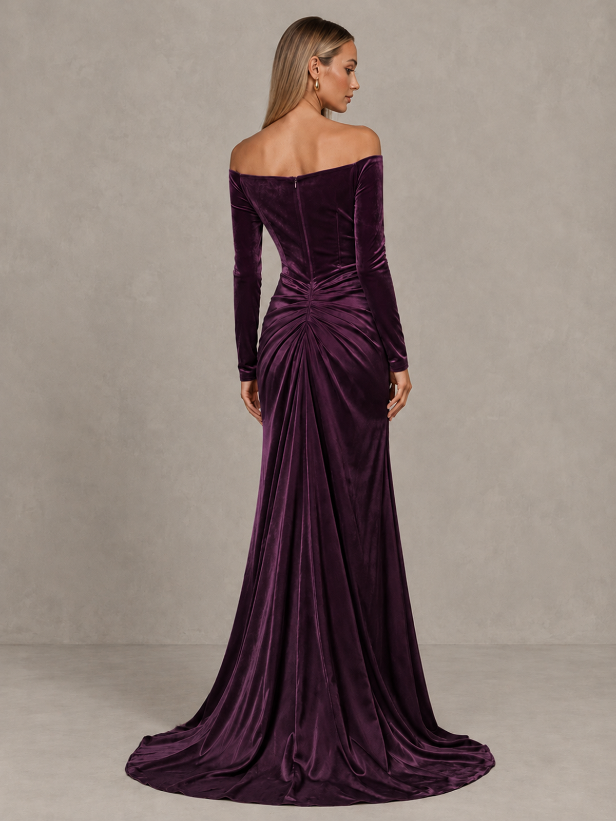 BOLODOO Plum Off-Shoulder Velvet Evening Gown with High Slit - Plum - Plum_2