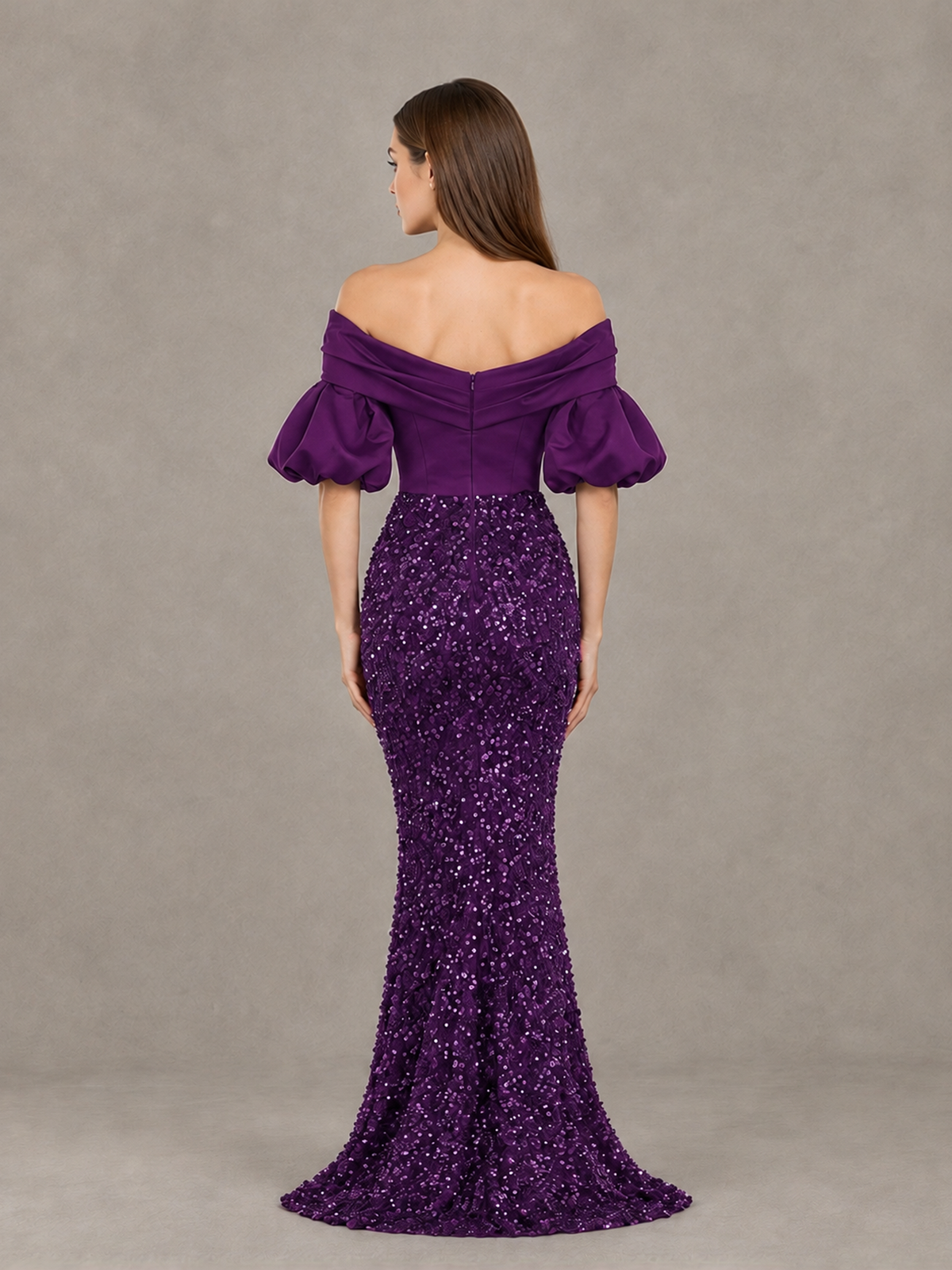 BOLODOO Plum Off-Shoulder Puff Sleeve Sequin Mermaid Evening Dress - Plum - Plum_2