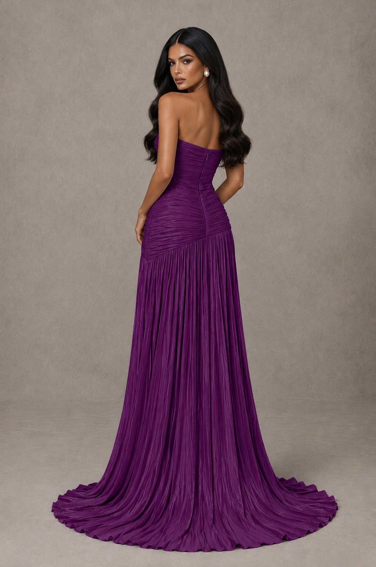 BOLODOO Plum Metallic Ruched Strapless Pleated A-Line Backless Maxi Dress with Train - Plum - Plum_2