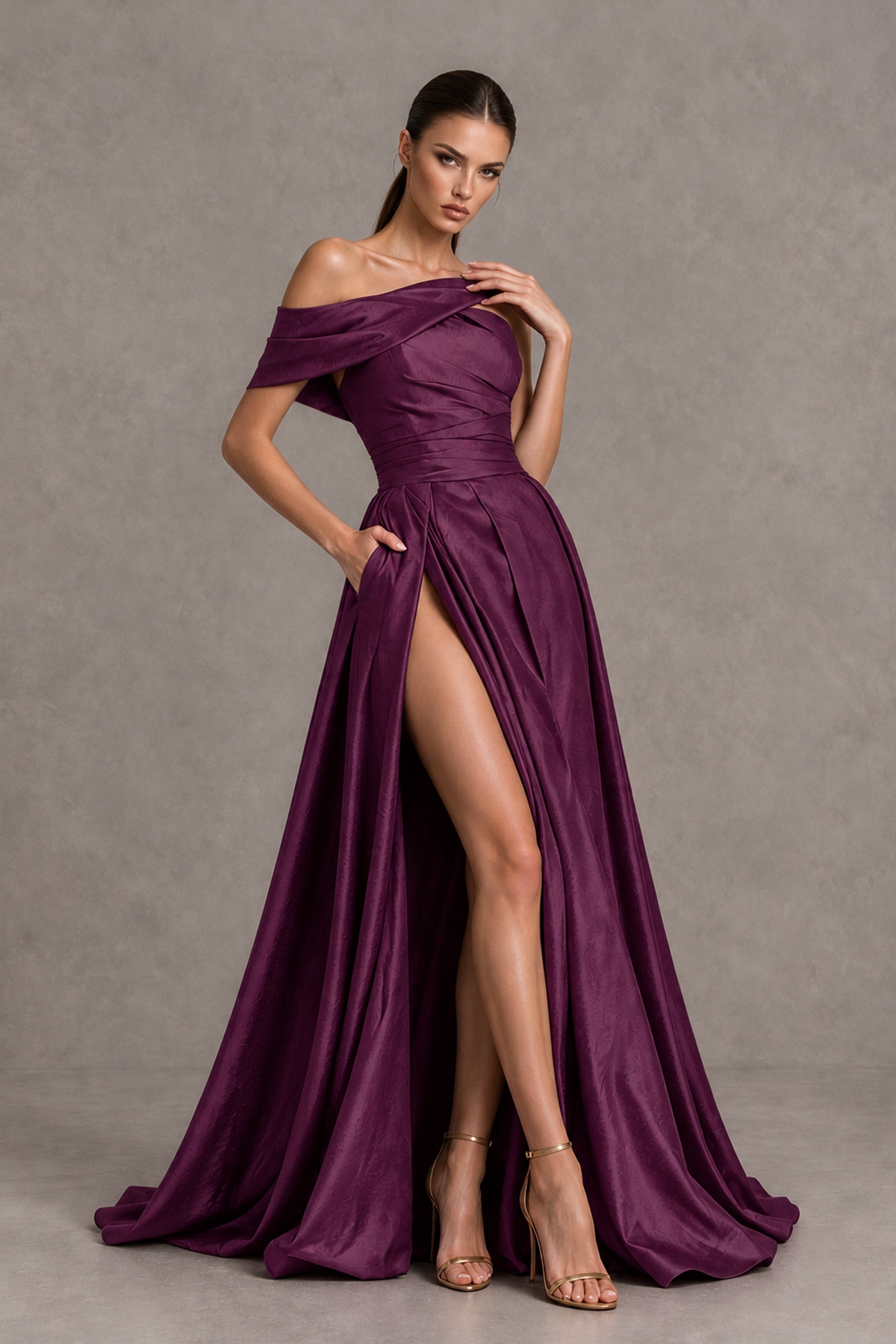 BOLODOO Plum Asymmetric Satin-Look A-Line Prom Dress with High Slit - Plum - Plum_2