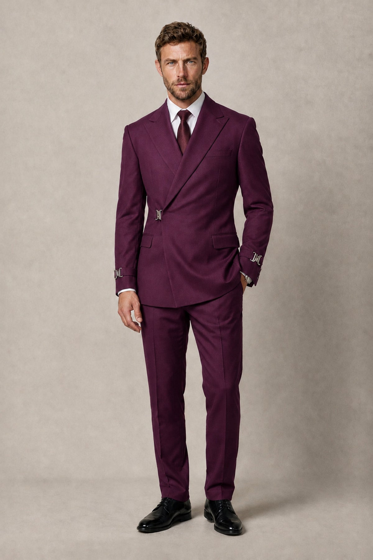 BOLODOO Men's Plum Double-Breasted 2-Piece Suit Set – Blazer & Tailored Trousers - Plum