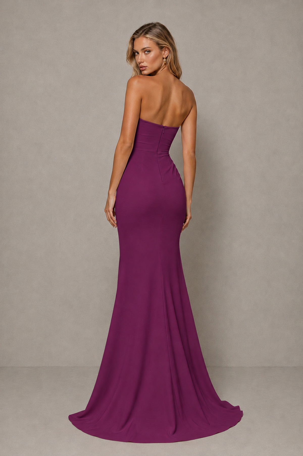BOLODOO Plum Strapless Sweetheart Ruched Mermaid Gown | Cascade Drape Formal Evening Dress - Plum - Plum_2