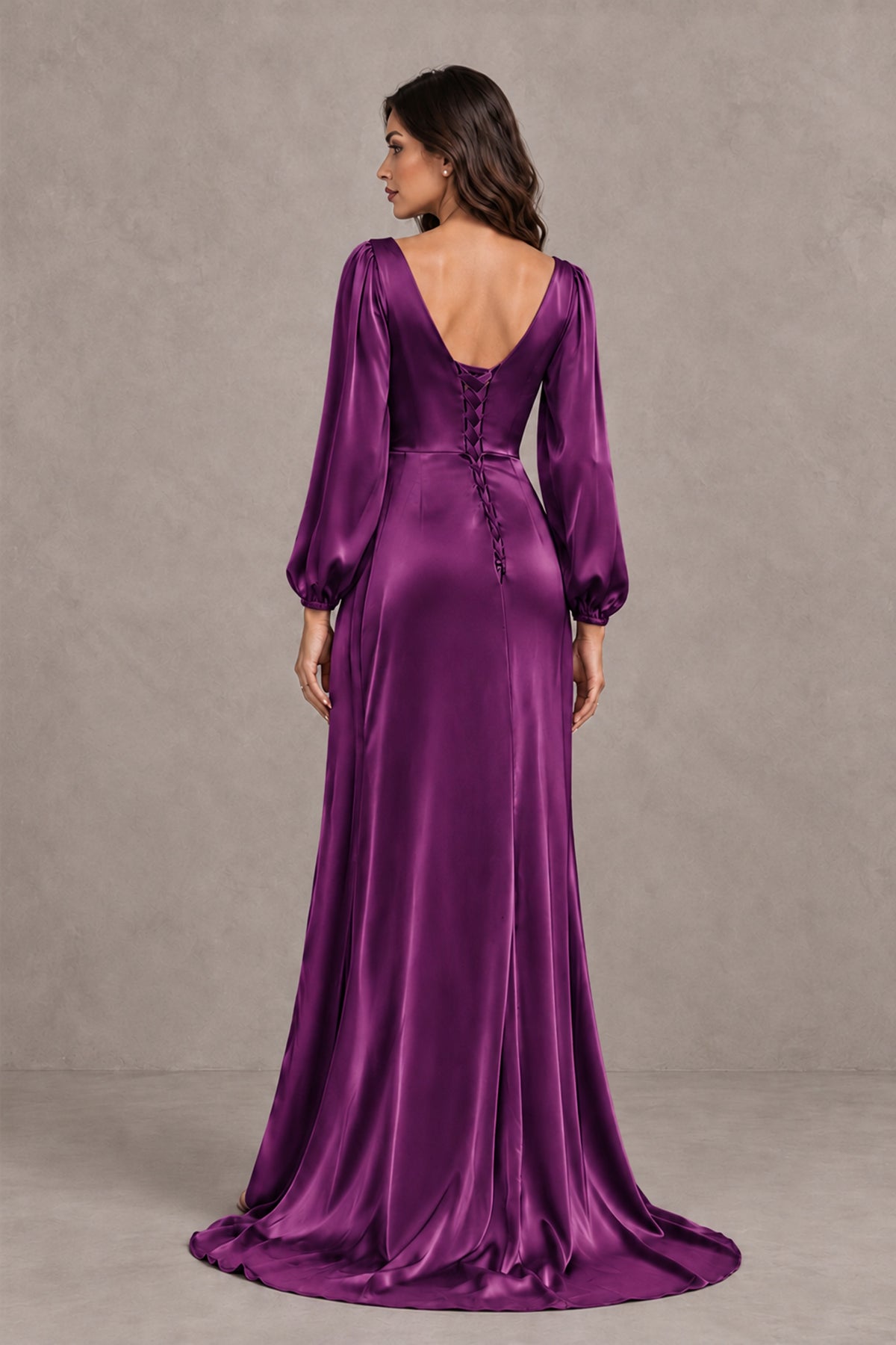 BOLODOO Plum Satin-Look Long Sleeve Evening Dress with High Slit - Plum - Plum_2