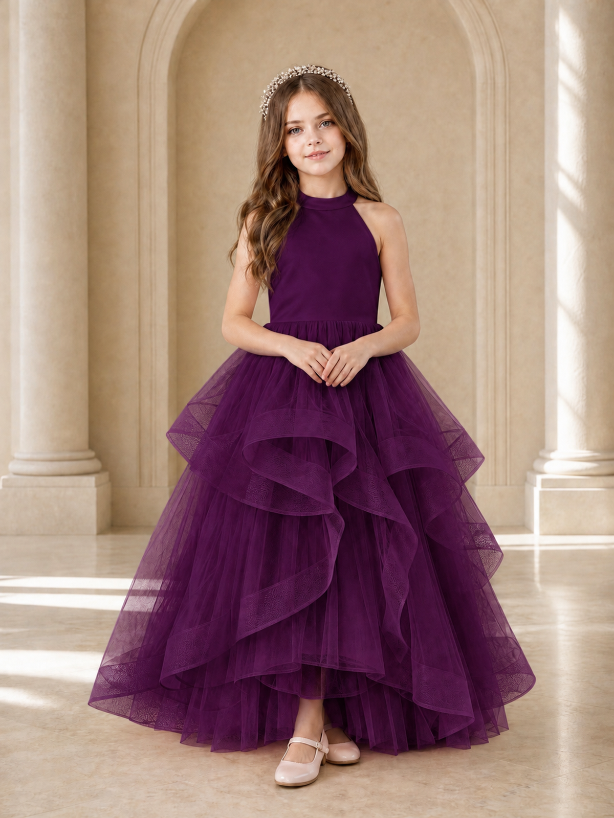 BOLODOO Plum Halter Tiered Tulle Flower Girl Dress with Bow Back - Plum - Plum_2