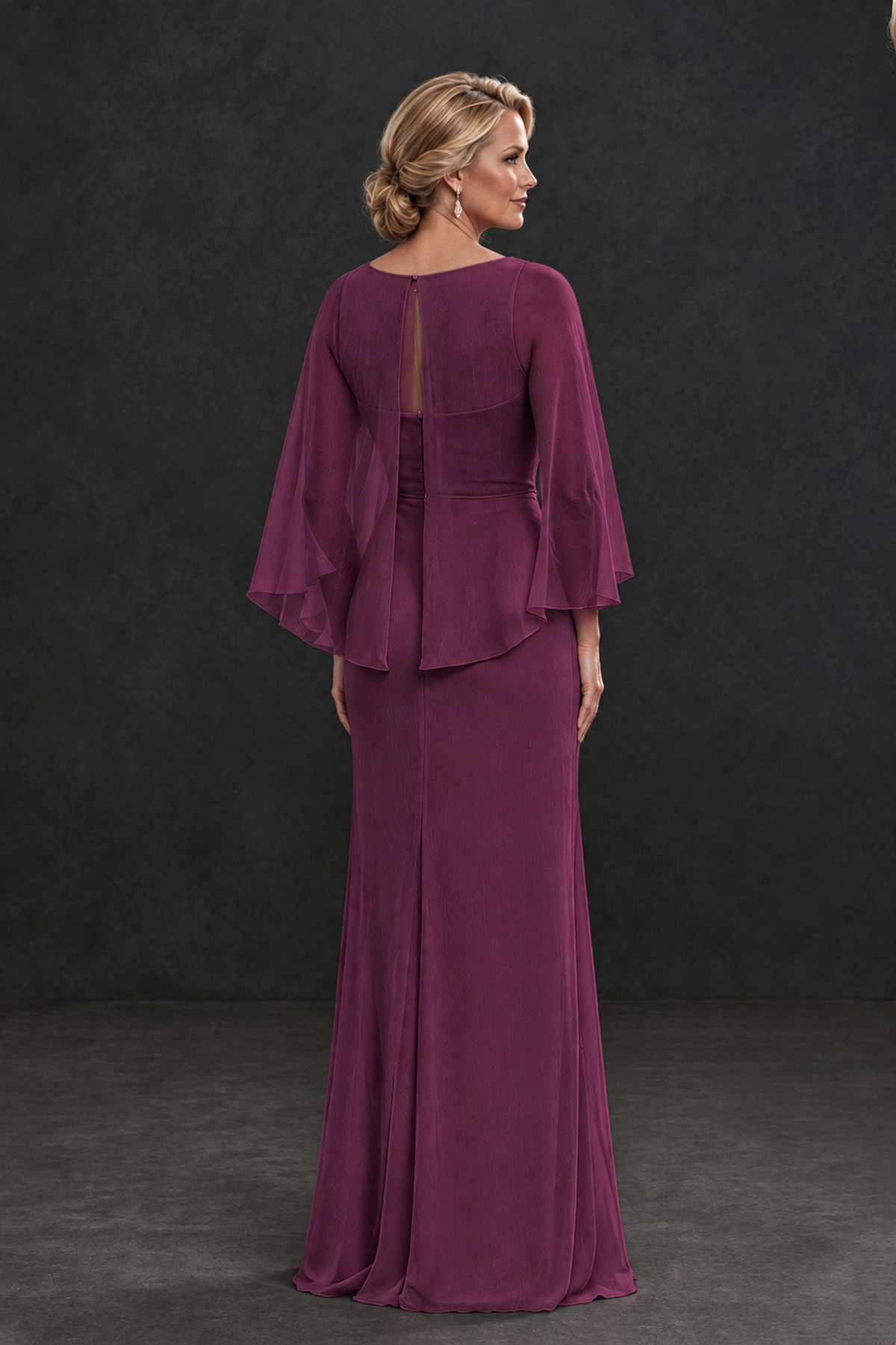 BOLODOO Plum Cape Sleeve Mother of the Bride Dress with Ruched Waist - Plum - Plum_2