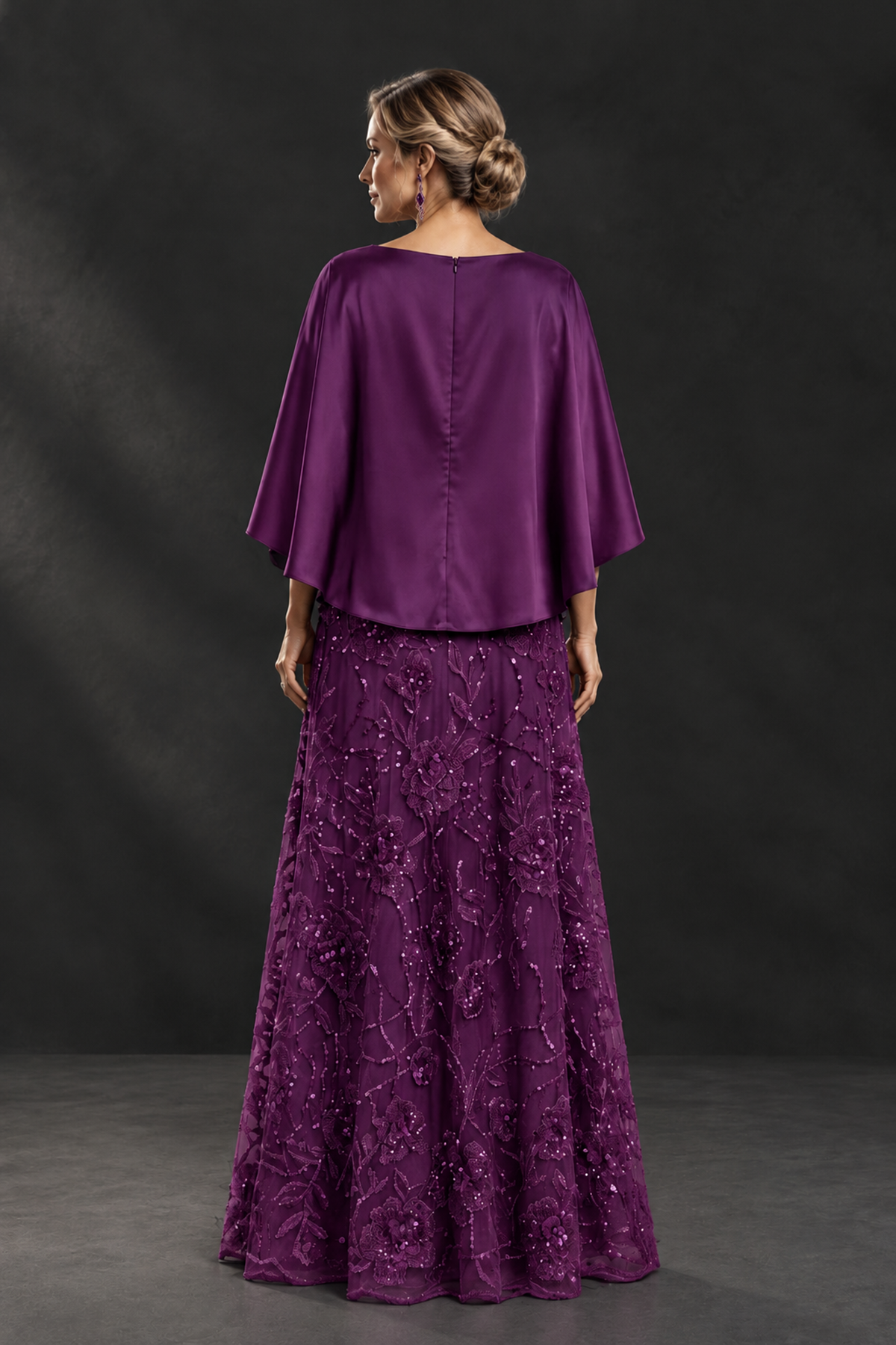 BOLODOO Plum Cape Sleeve Floral Mother of the Bride Dress - Plum - Plum_2