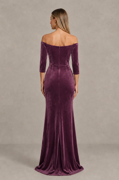 BOLODOO Plum Off-Shoulder Velvet Evening Dress with High Slit - Plum - Plum_2