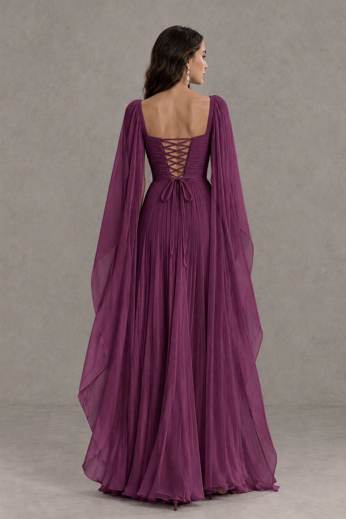BOLODOO Plum Square Neck Cape Sleeve A-Line Evening Dress - Plum - Plum_2