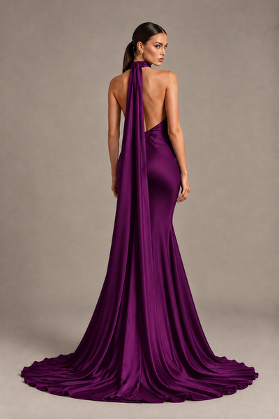 BOLODOO Plum One-Shoulder Satin Mermaid Evening Dress with Scarf - Plum - Plum_2