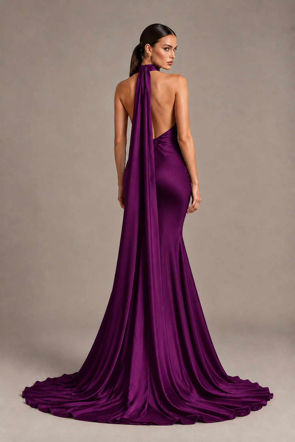 BOLODOO Plum One-Shoulder Satin Mermaid Evening Dress with Scarf - Plum - Plum_2