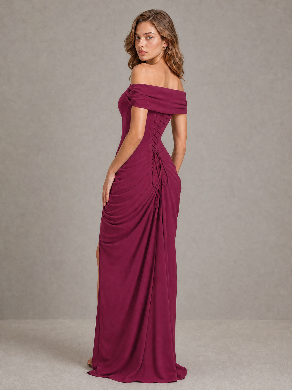 BOLODOO Plum Off-Shoulder Ruched Corset Wedding Guest Dress with Slit - Plum - Plum_2