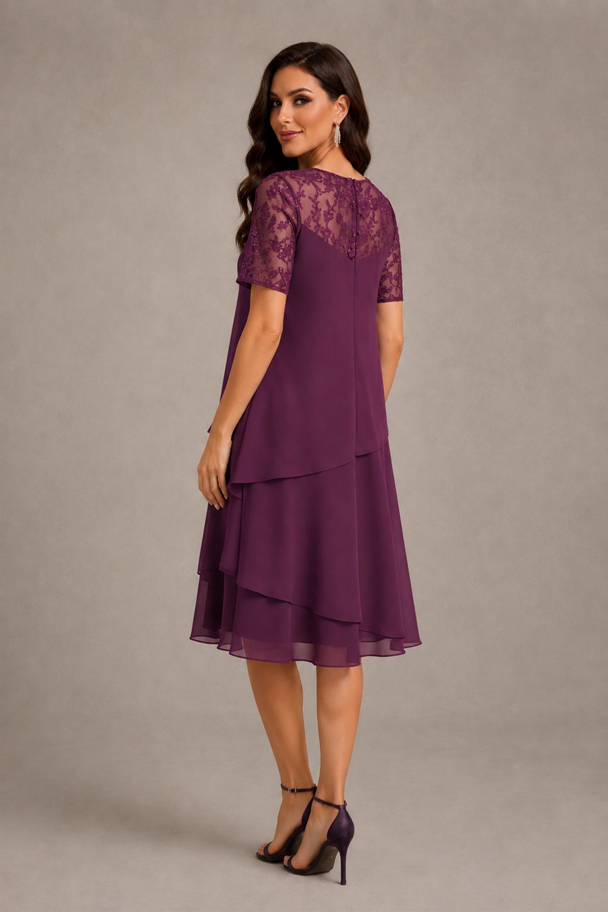 BOLODOO Plum Illusion Lace Short Sleeve Tiered Chiffon Tea Length Dress | Mother of the Bride Midi Dress - Plum