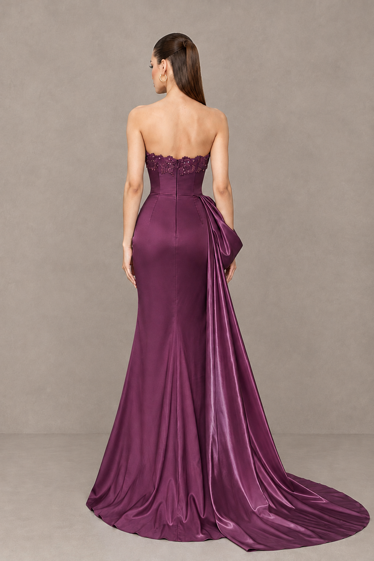 BOLODOO Plum Strapless Satin Prom Dress with Draped Side Train - Plum - Plum_2