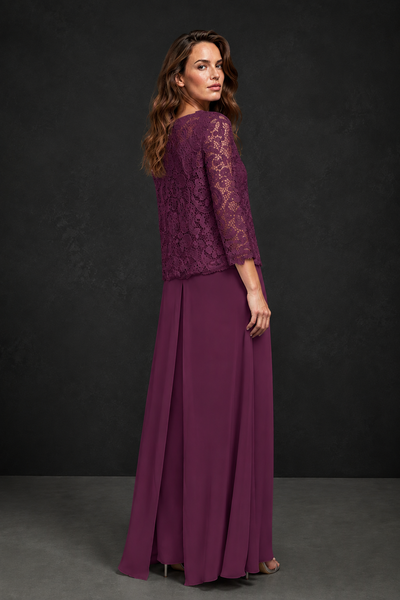 BOLODOO Plum Grey Lace Peplum Top & Wide-Leg Chiffon Pants Set | Mother of the Bride & Formal Evening Outfit - Plum
