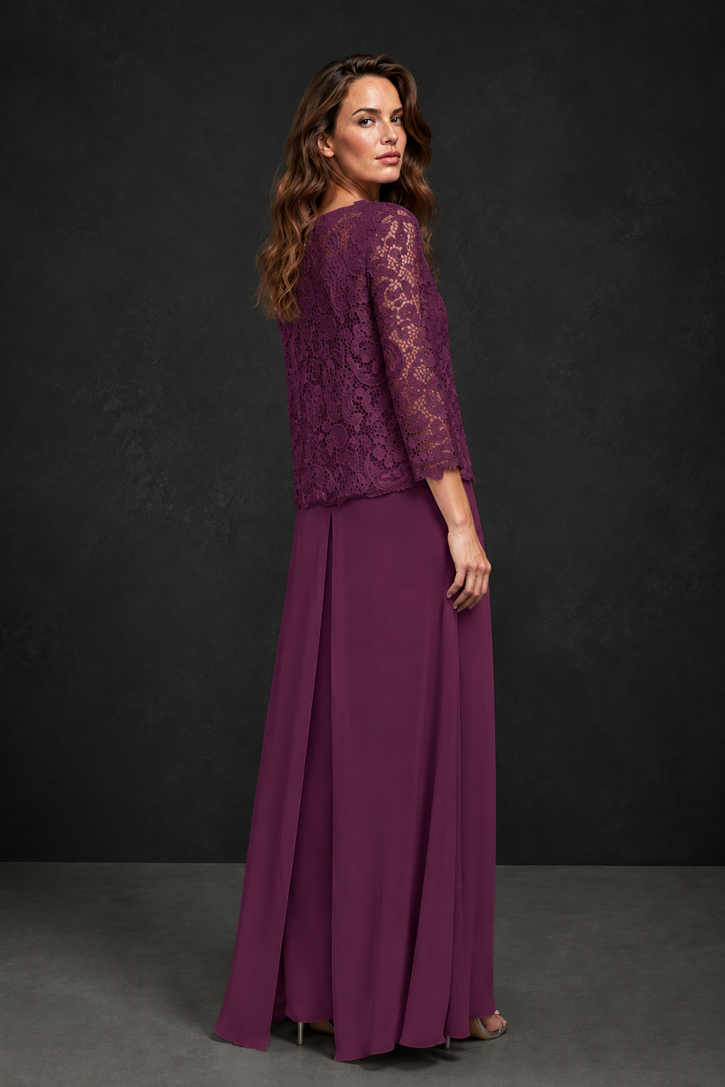 BOLODOO Plum Grey Lace Peplum Top & Wide-Leg Chiffon Pants Set | Mother of the Bride & Formal Evening Outfit - Plum